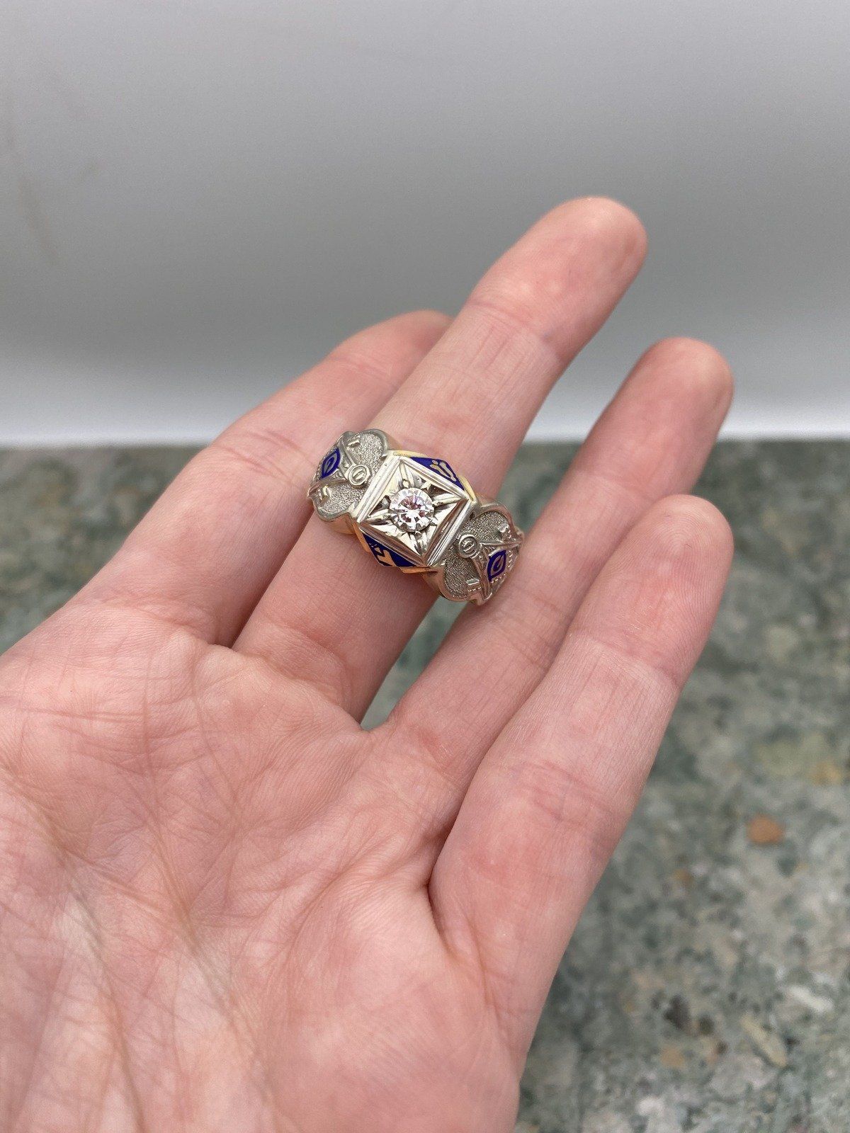 Men's Antique 14k Dual Gold Blue Enamel + .45ct Diamond Free Mason Grand Lodge Ring 7