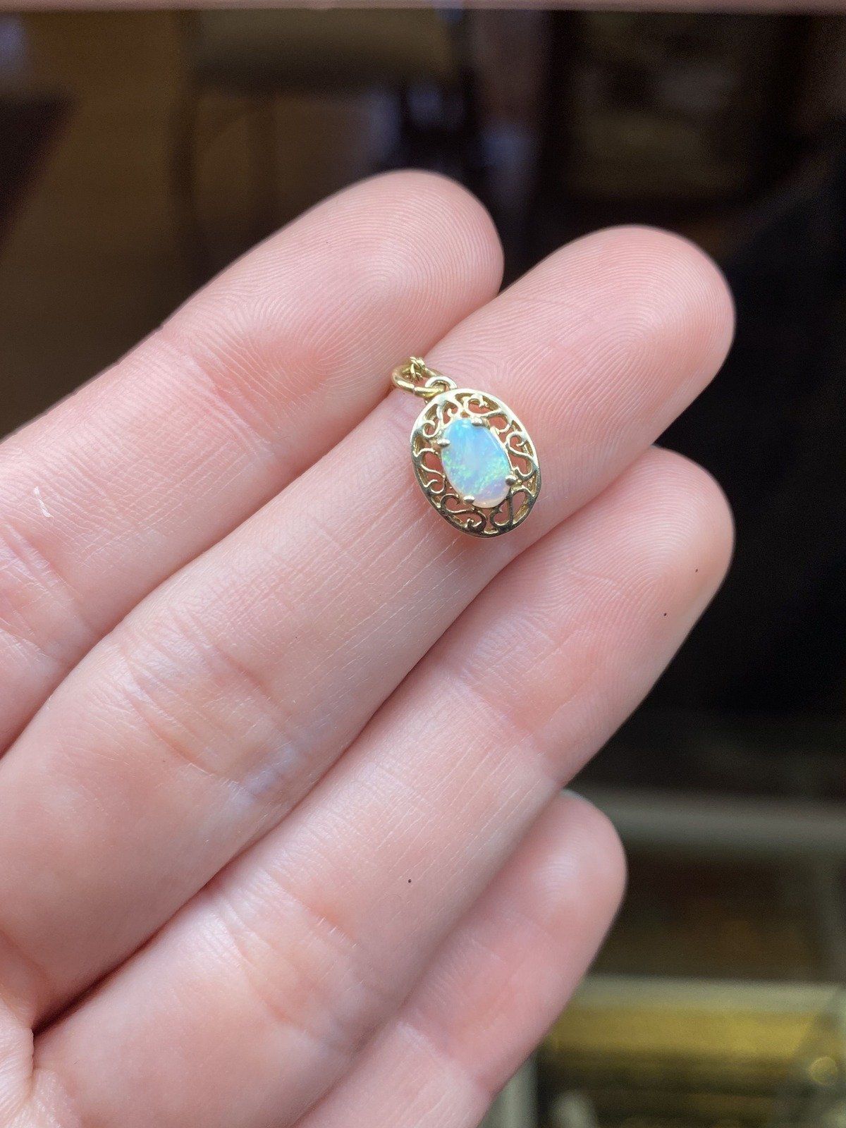 10k Gold Genuine Opal Filigree Set 16L Drop Necklace on 14k Gold Chain 9