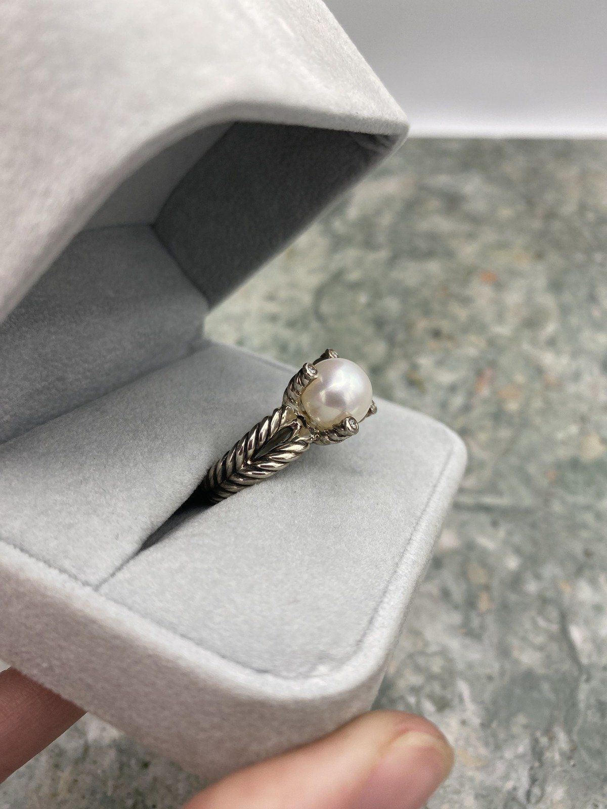 David Yurman Sterling Silver Rope Twist + Pearl + Diamond Prong Solitaire Ring 5