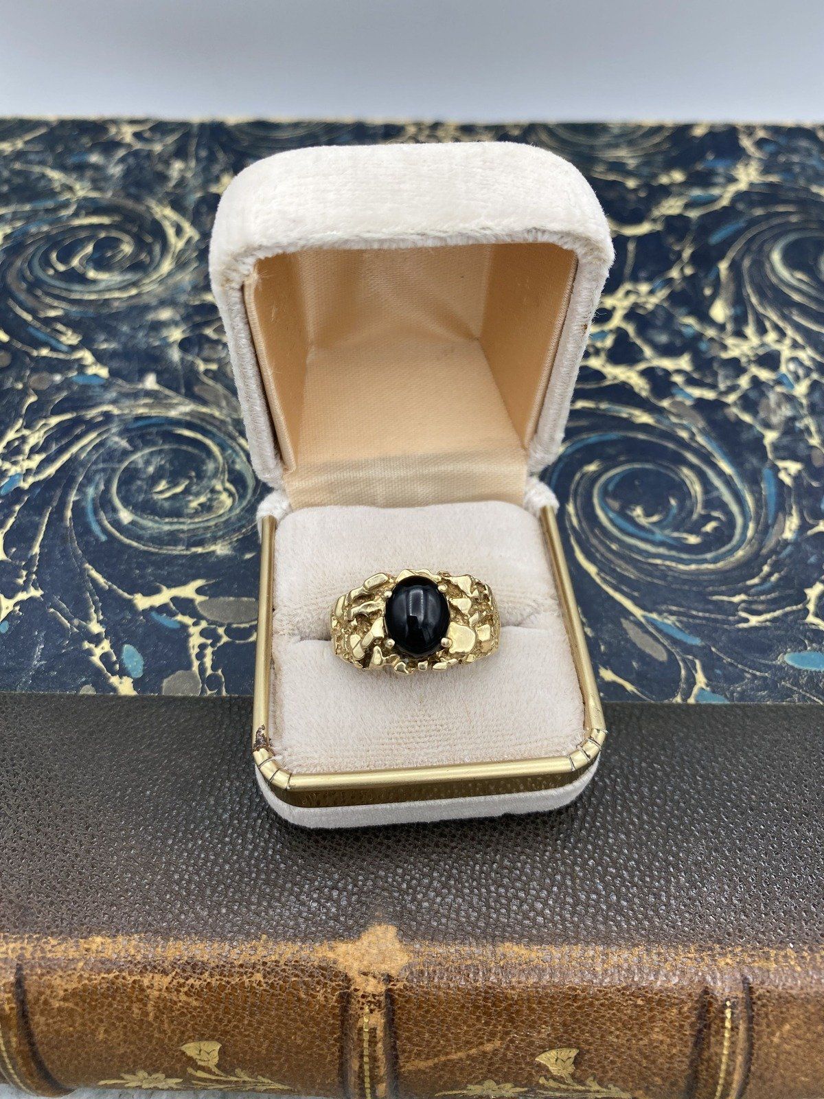 Men's 10k Gold Freeform Gold Nugget Ring w Black Onyx Cut Cabochon #2480 4