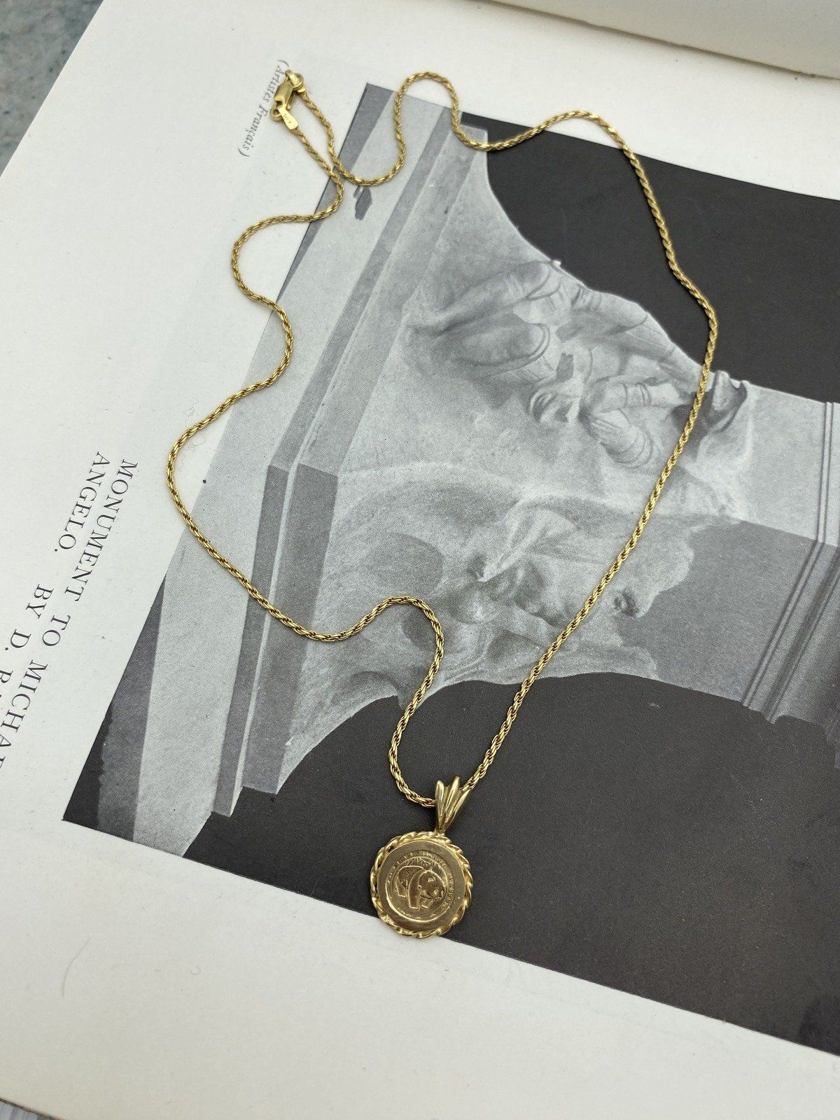 Vintage c.1980s Panda Copy Coin 10k Gold Replica 18L Drop Necklace 5