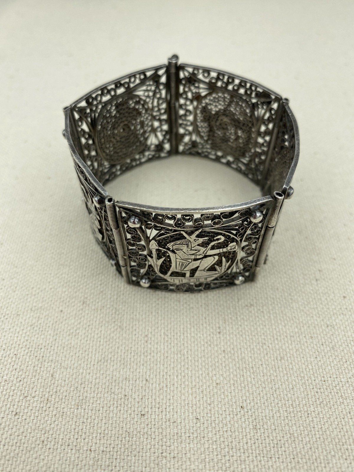Antique c.1920s Sterling Silver Egyptian Revival Hieroglyphic Filigree Cuff Bracelet 7L 5