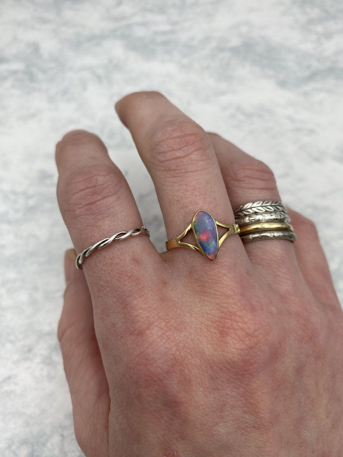 Lovely Narrow Pear 14k Gold Black Opal Ring w Lovely Fire + Split Shoulder Design 8