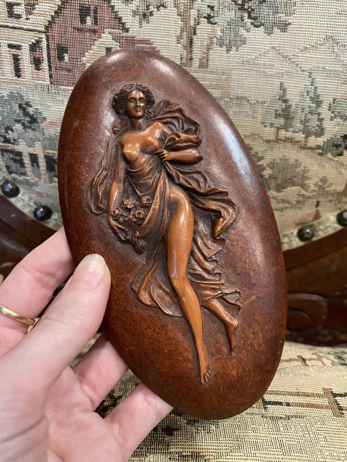 Vintage Art Nouveau Style Lacquer Lady Oval w Stick Mount Posterior 3