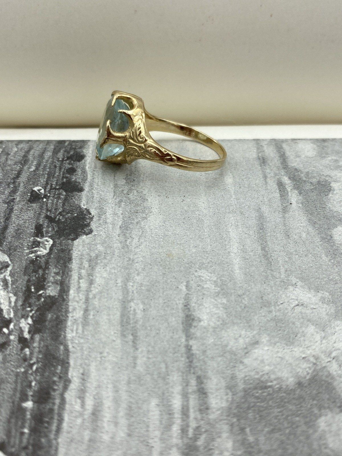 Antique Victorian 14k Gold High Quality Natural Cushion Cut Aquamarine Dress Ring w Carved Shoulder Motif + Lovely Prong Design 2