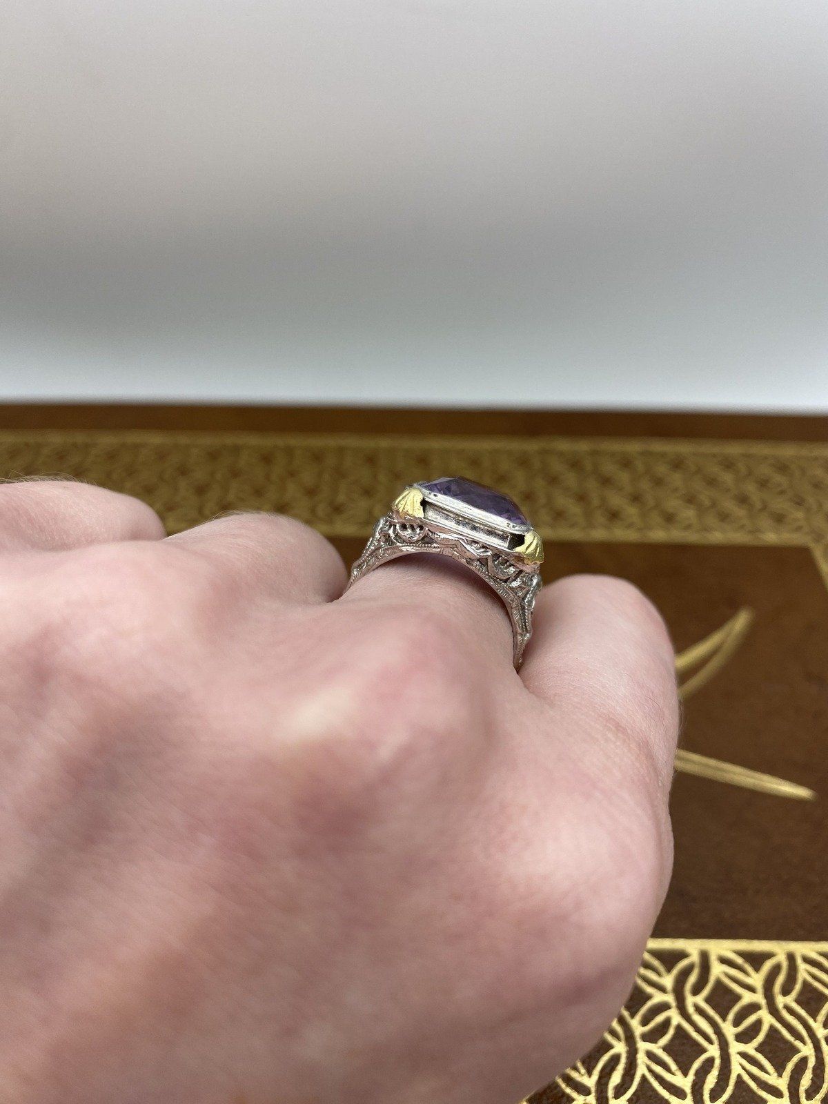 Antique 18k White Gold Large Filigree Art Deco c.1910s/20s Amethyst Cocktail Ring w Yellow Gold Details #2678 3