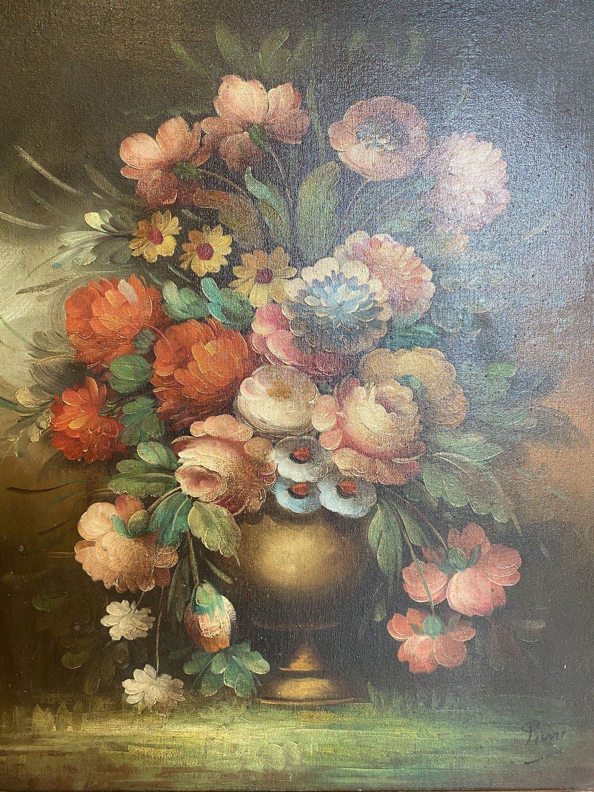 Large Signed Original Floral Still Life Oil Painting in Molded Gilt Wood Frame 34x29 7