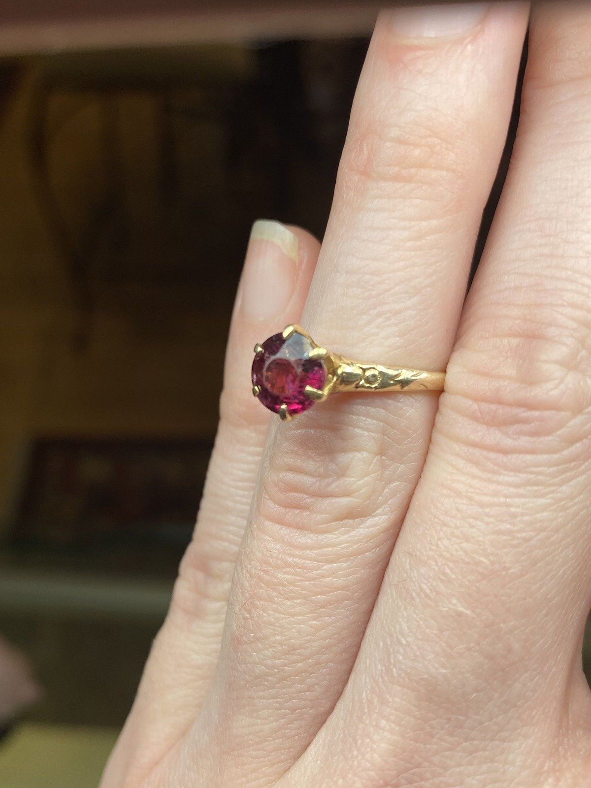 14k Gold Antique Late c.1800s Victorian Rubellite Tourmaline Solitaire Ring w Faint Orange Blossom Shoulders 8