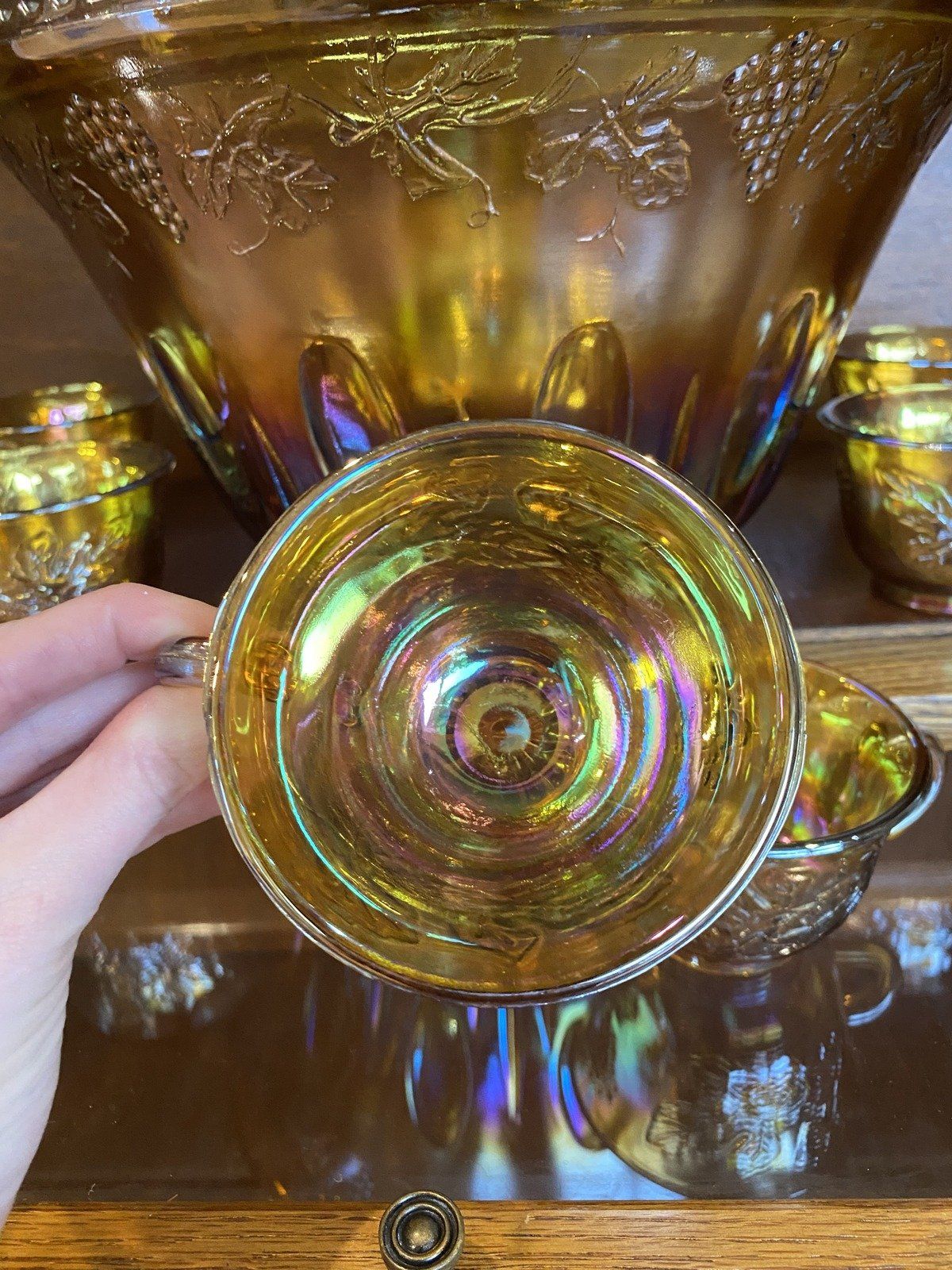 Indiana Carnival Glass Marigold Orange Carnival Glass Punch Bowl + 6 Cups 18