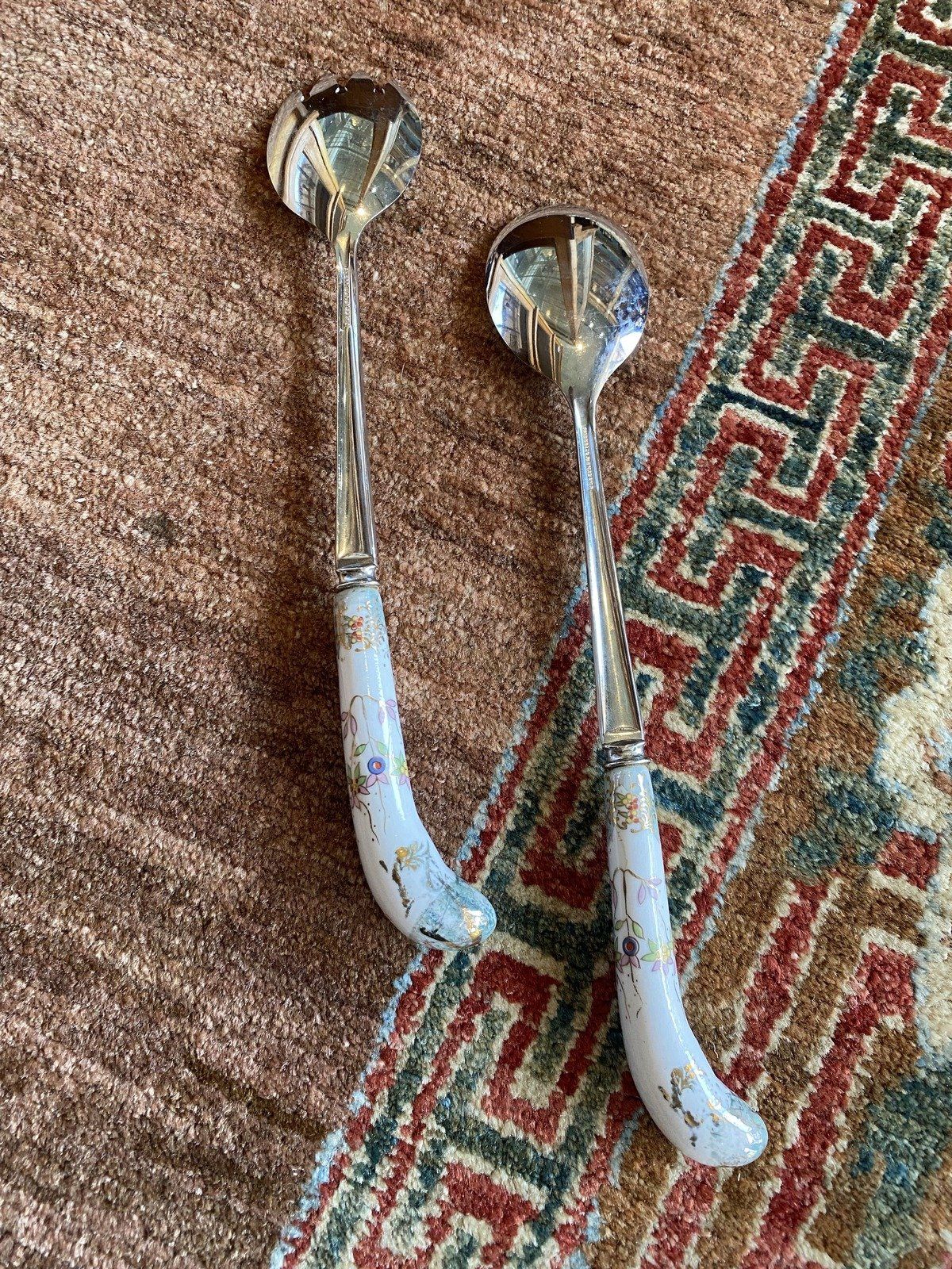 English Botanical + Gilt Porcelain Handle Serving Utensil Set 2