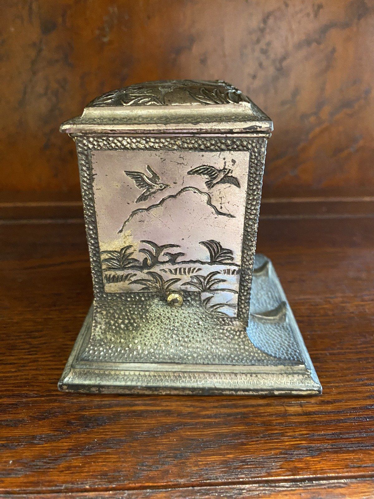 Antique c.1910/20s Silver Plated Functional Cigarette Dispenser w Hunter's Motif + Fauna Etching 8