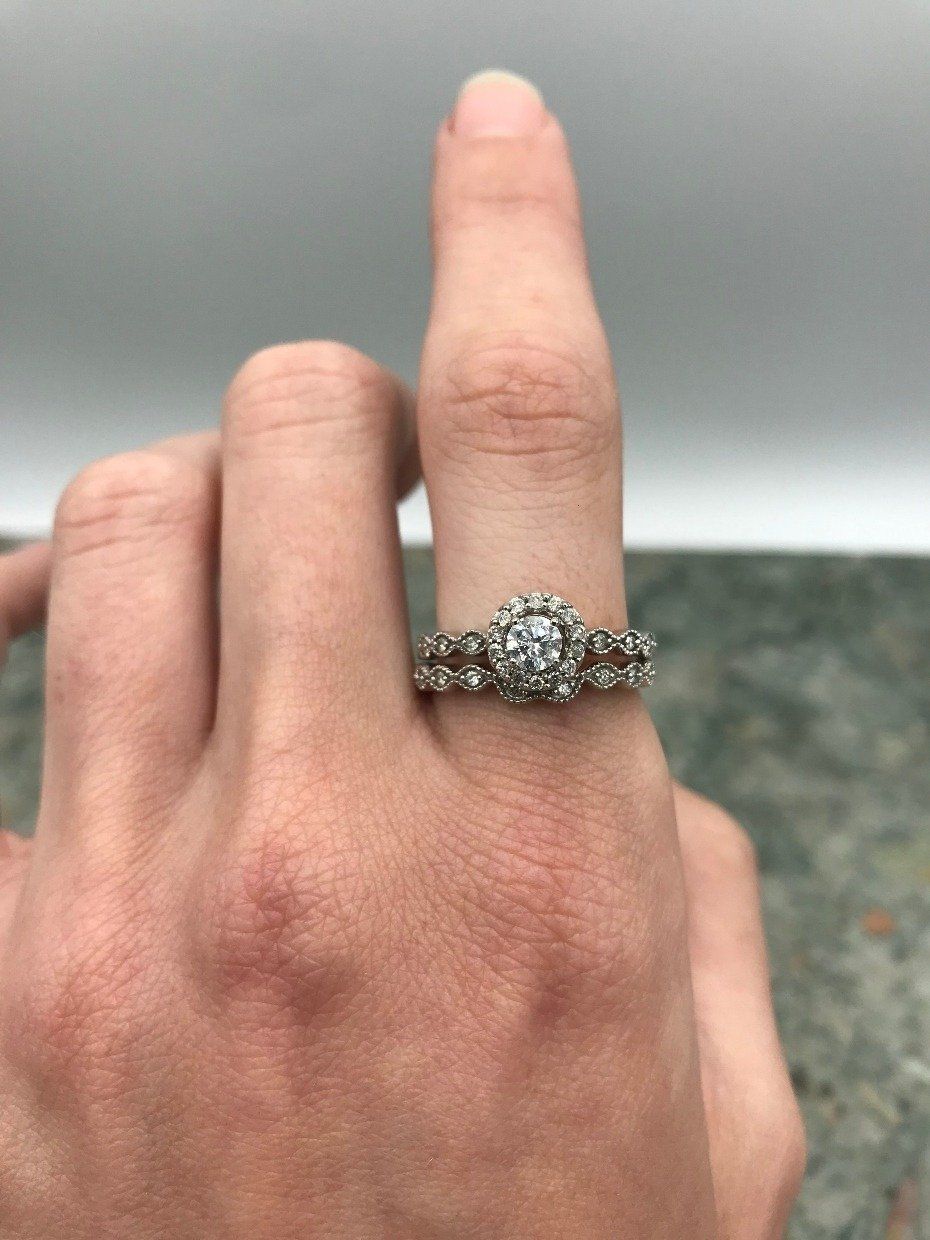 10k White Gold .33ct Diamond Center Scalloped Cathedral Engagement Ring *SET* 2