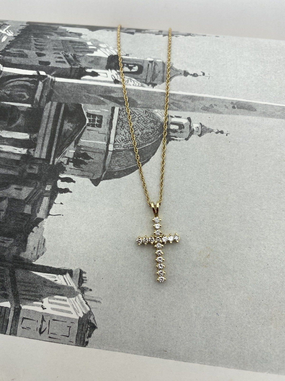 14k Gold Pave Set .80ctw Classic Diamond 1L Cross Drop Necklace 16L #3059 4