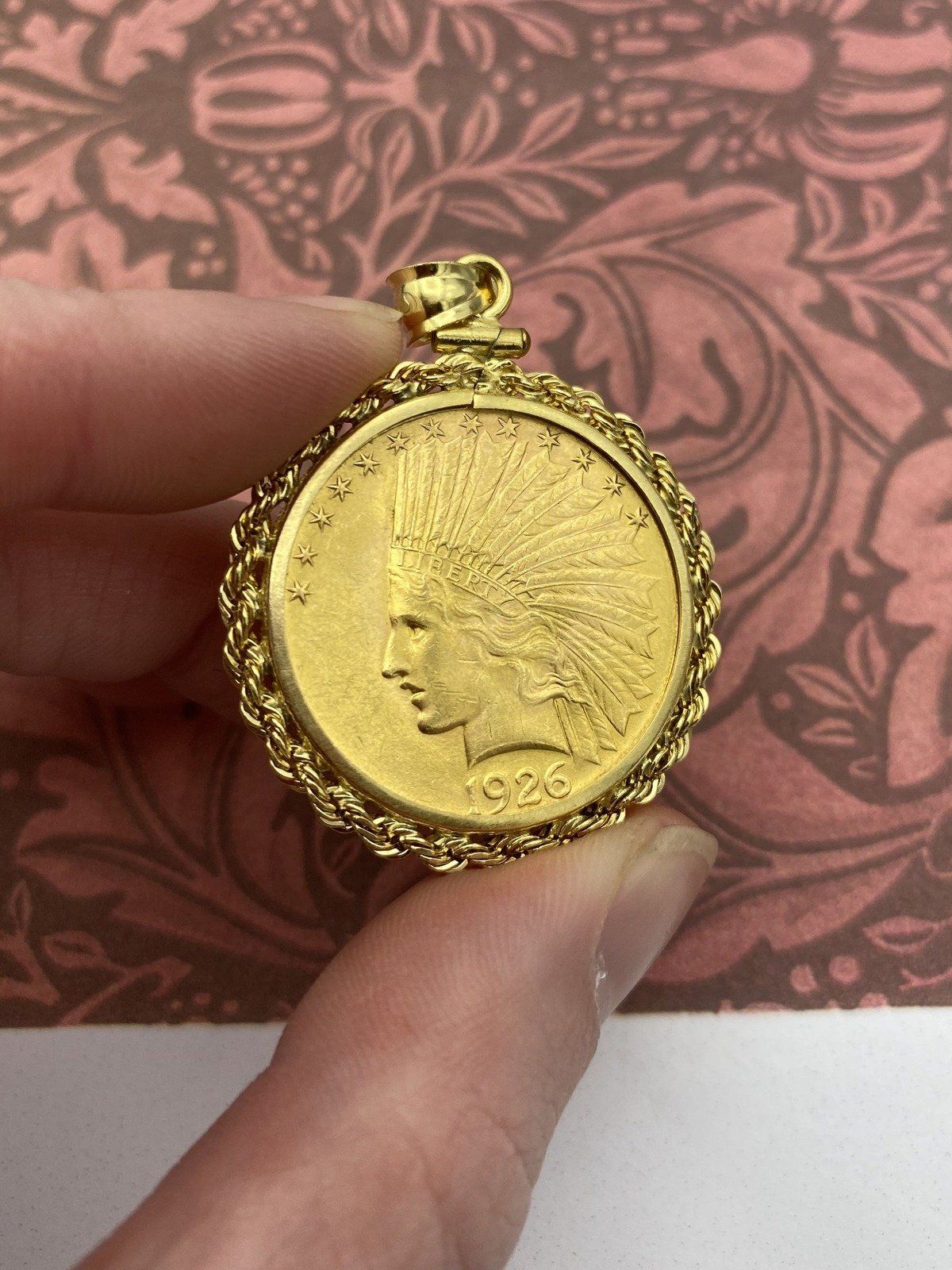 1926 $10 Indian Head Gold Eagle Coin in 14K Rope Bezel Pendant 2