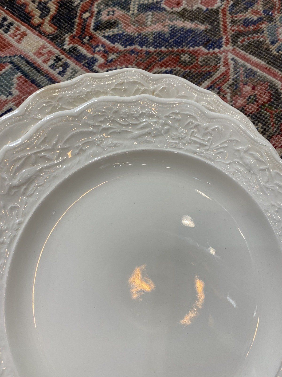 Pair of Antique White Glazed Ceramic Bird Motif Dinner Plates 3