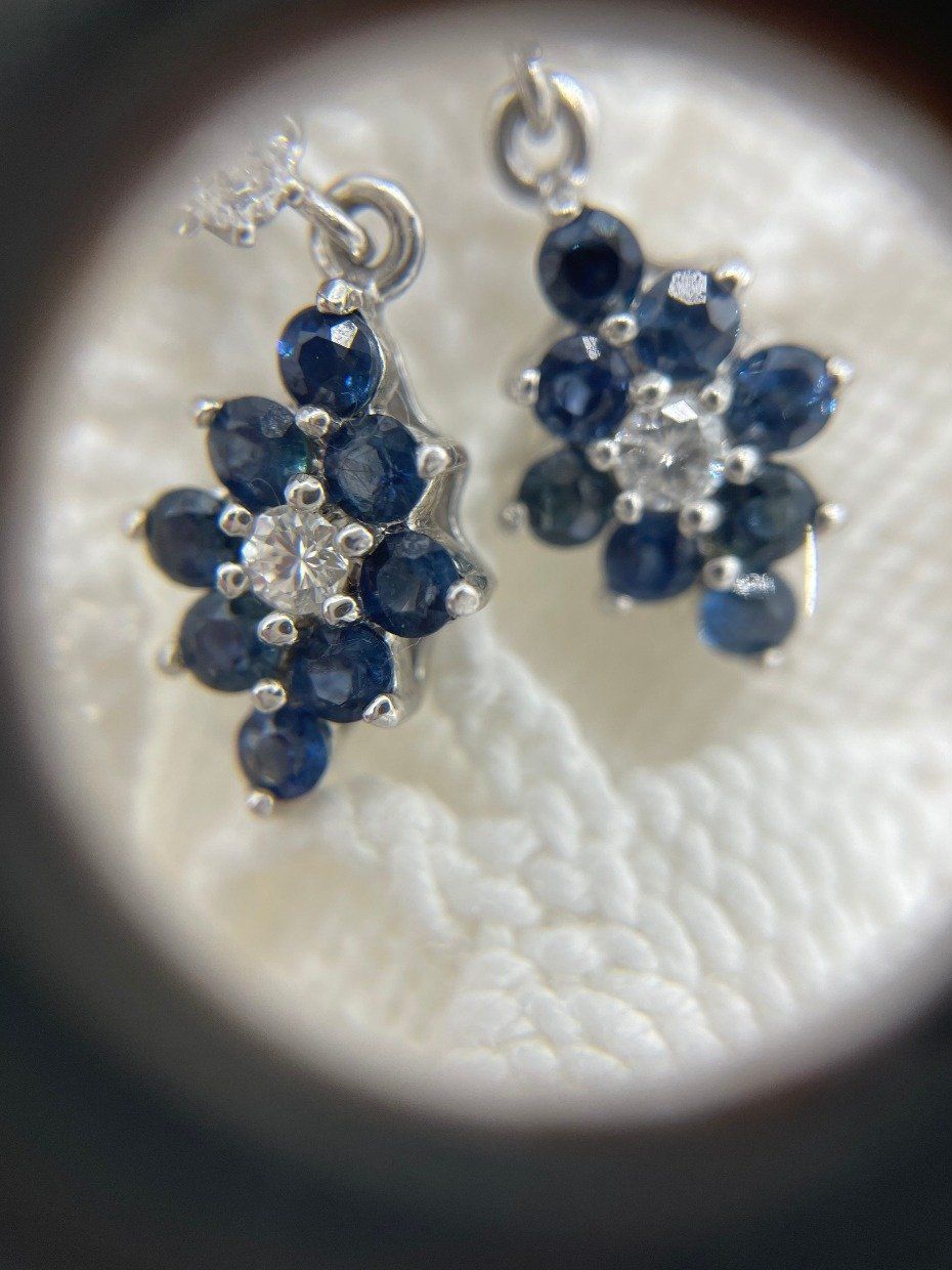 14k White Gold .4ctw Diamond + Natural 1.12ctw Blue Sapphire Cluster Drop Earrings w Buttercup Set Diamond Lobe Stud 2