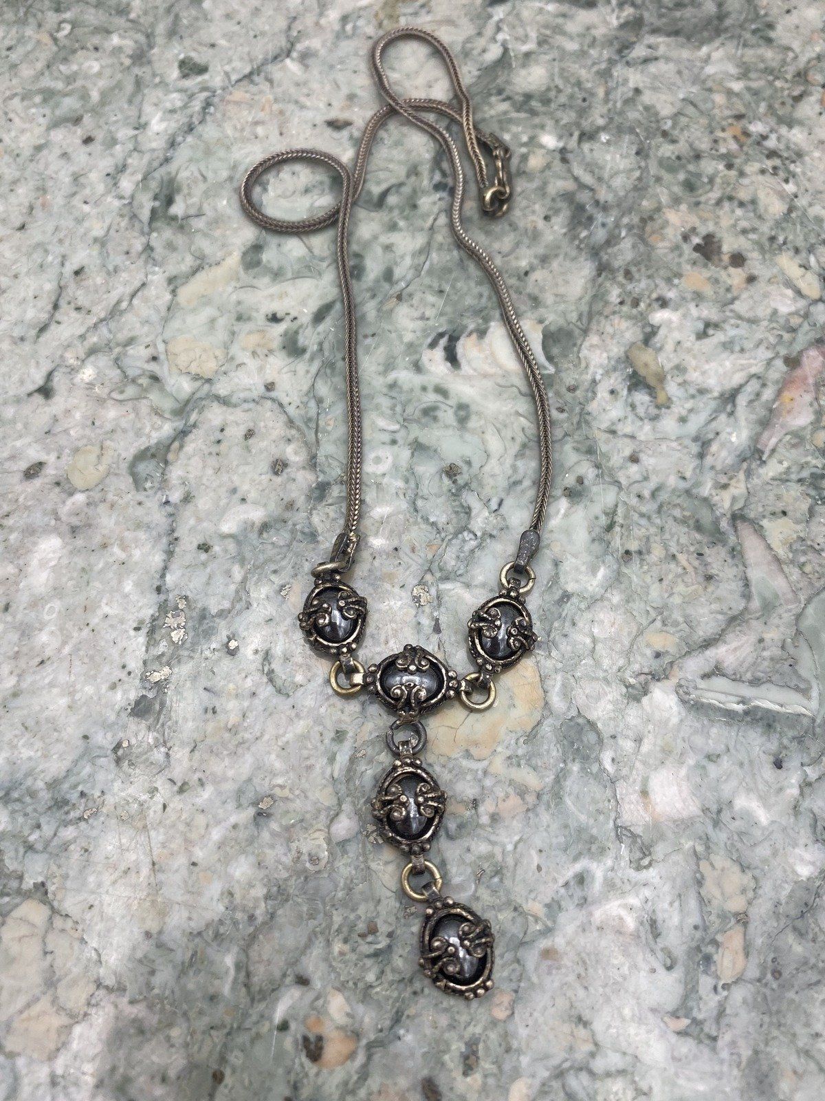 Vintage c.1930s/40s Sterling Silver Hematite Art Deco Lariat Y Necklace 4