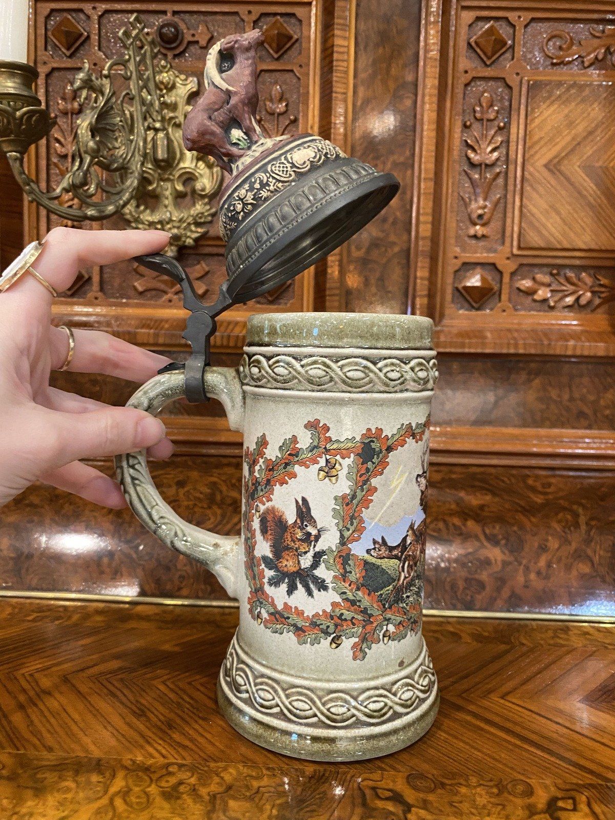 Gerz German Printed Hunter's Motif Beer Stein w Ram Finial 2