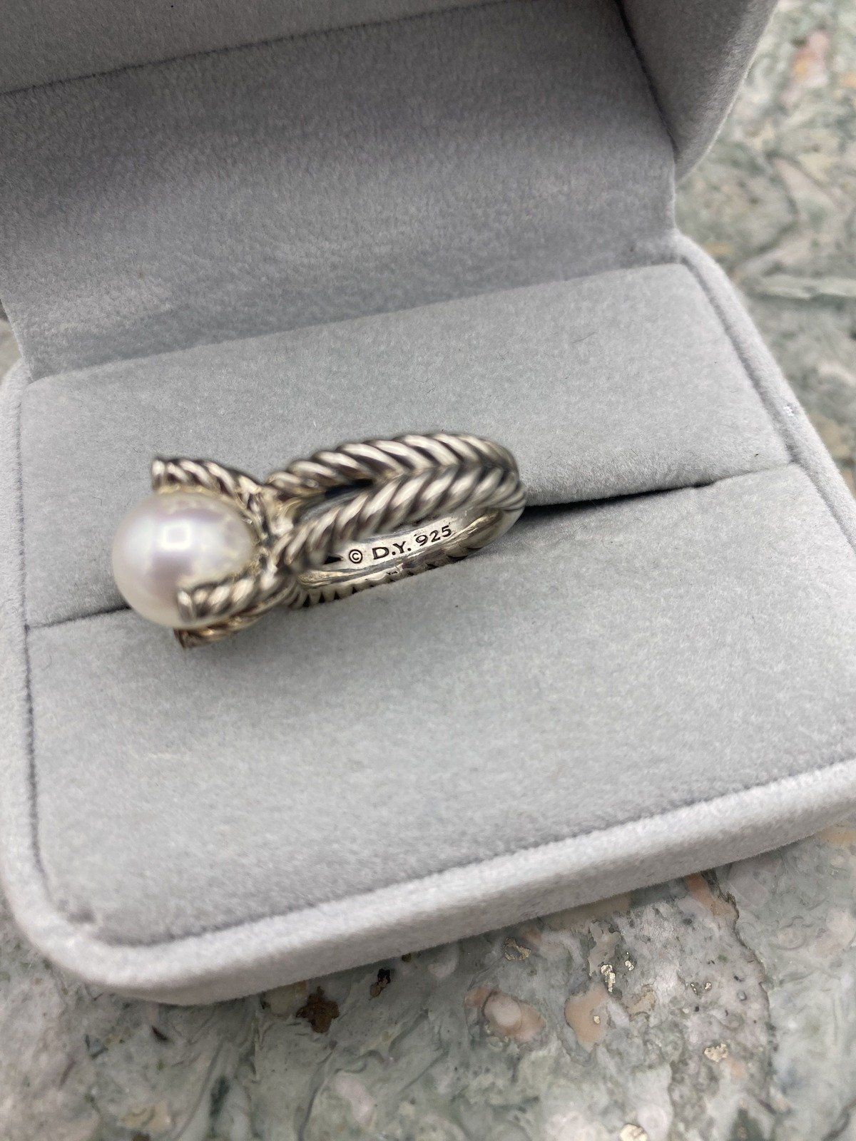 David Yurman Sterling Silver Rope Twist + Pearl + Diamond Prong Solitaire Ring 3