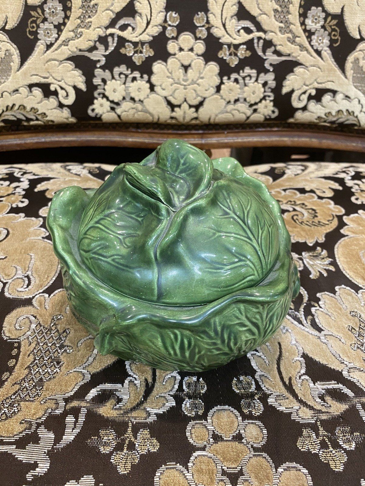 Vintage Holland Mold Lidded Cabbage Leaf Majolica Ceramic Serving Bowl + Lid