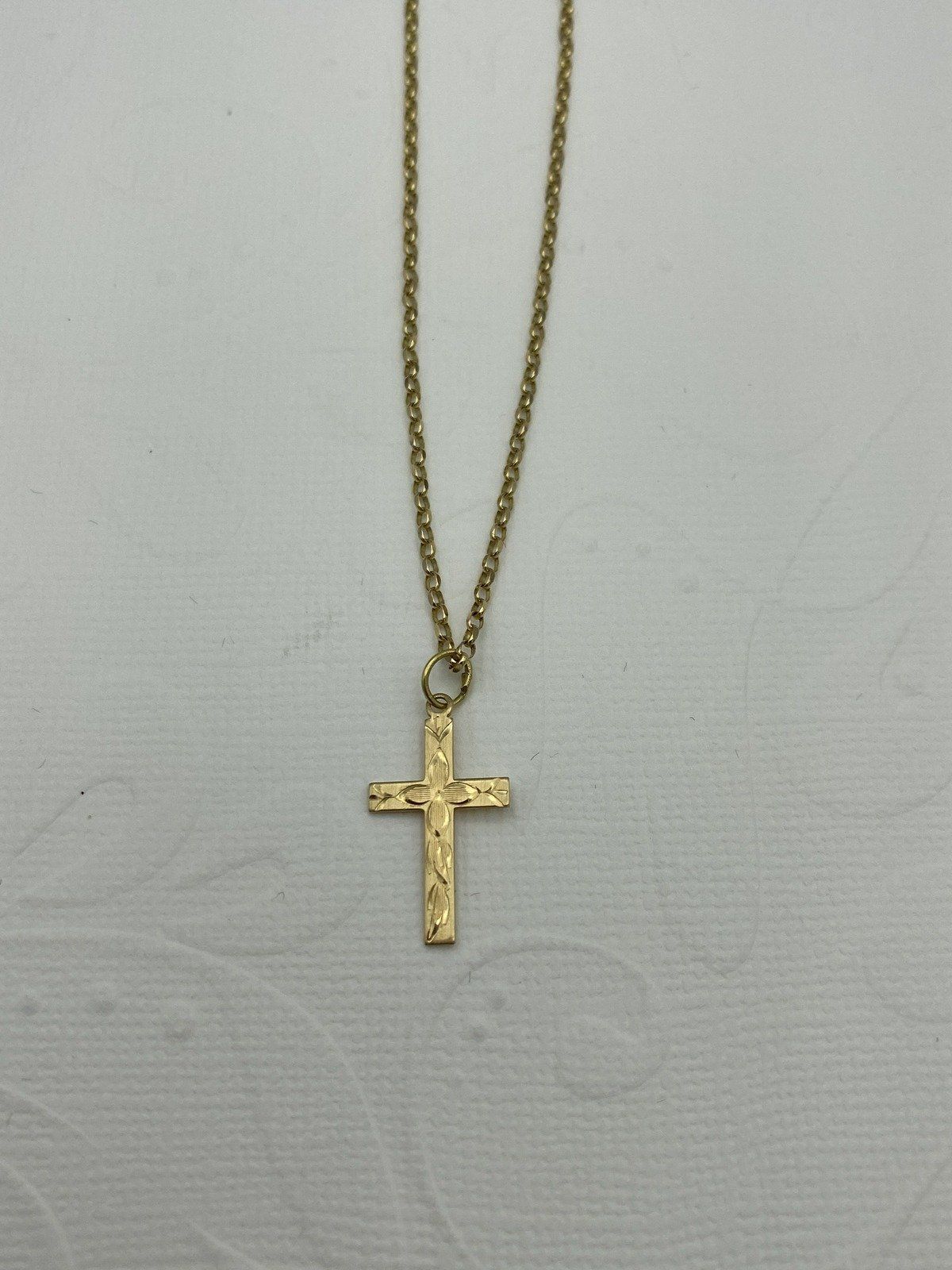 14k Gold 16L Cable Link Etched Cross Necklace Chain #2268 2
