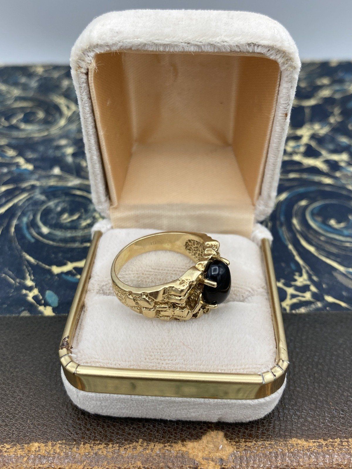 Men's 10k Gold Freeform Gold Nugget Ring w Black Onyx Cut Cabochon #2480 3