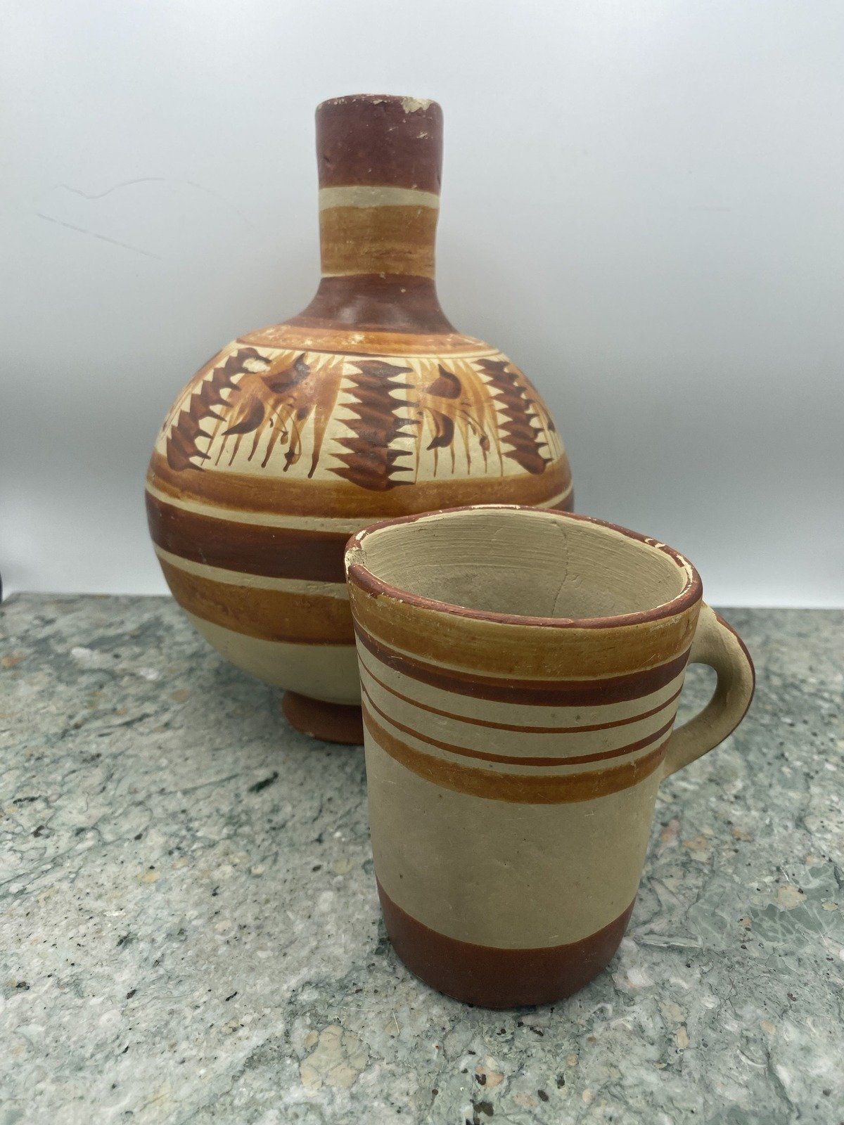 Vintage Handmade Clay Thrown Mexican Decanter Jug + Cup *AS-IS* 2