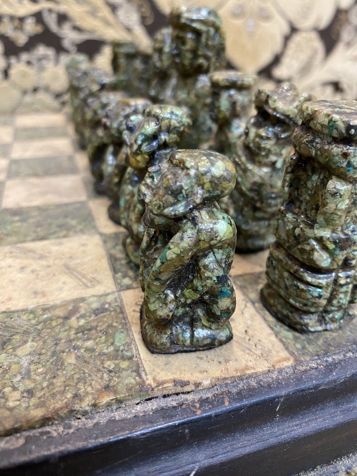 Vintage c.1960s/70s Wooden Gem Composite Mayan/Aztec Figural Chess Board Set 15