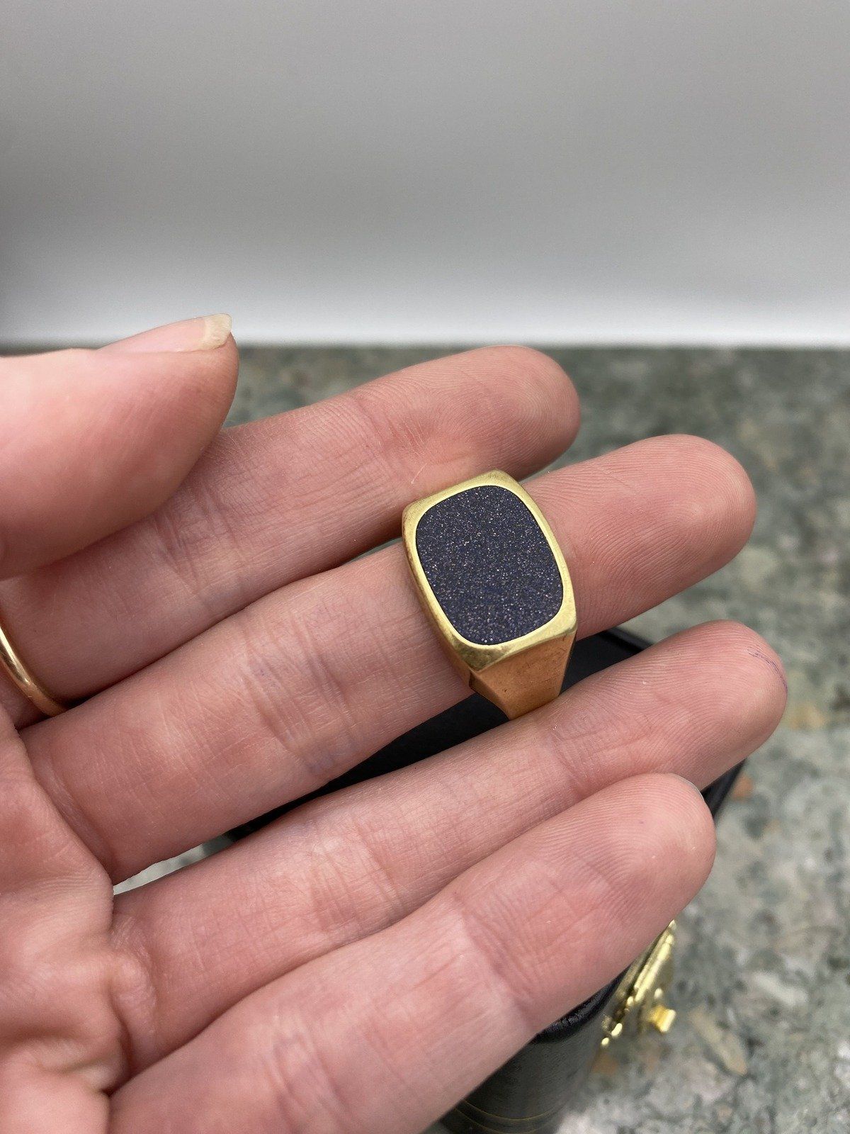 Men's Vintage 14k Gold Dutch Made Blue Goldstone Flush Bezel Ring 4