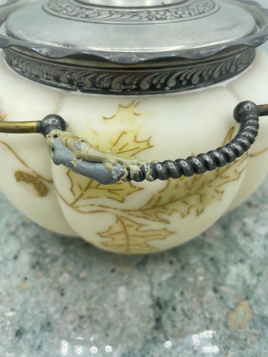 Large Gourd Shaped Wave Crest Biscuit Barrel w Acorn + Leaf Gilt Painted Motif 5