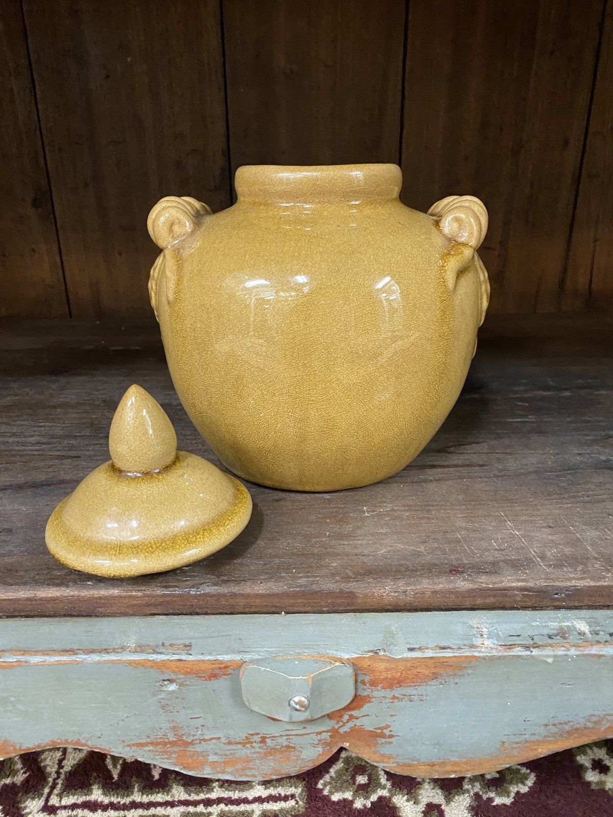 Vintage Crazed Tawny Brown Ceramic North Wind Face Ginger Jar 2