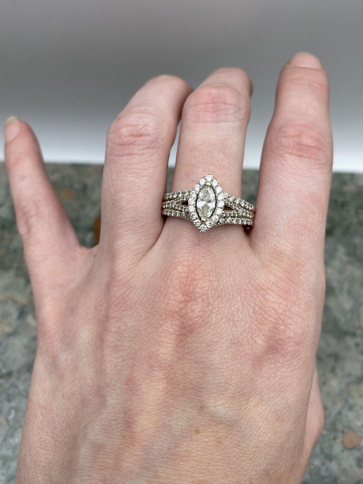 14k White Gold Marquise Diamond Bridal Ring w Soldered Band Guard #2542 6