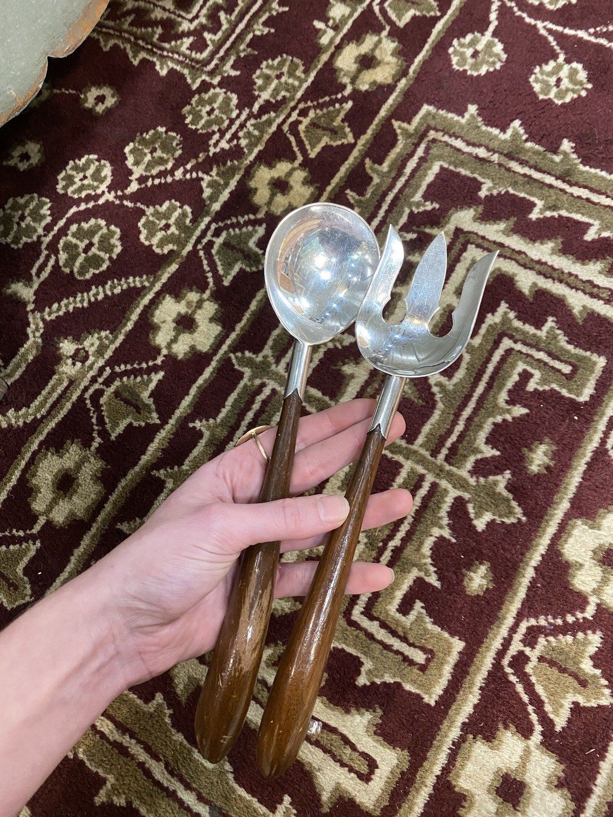 Pair of Primitive Wood Handle + Sterling Silver Salad Serving Utensils 2