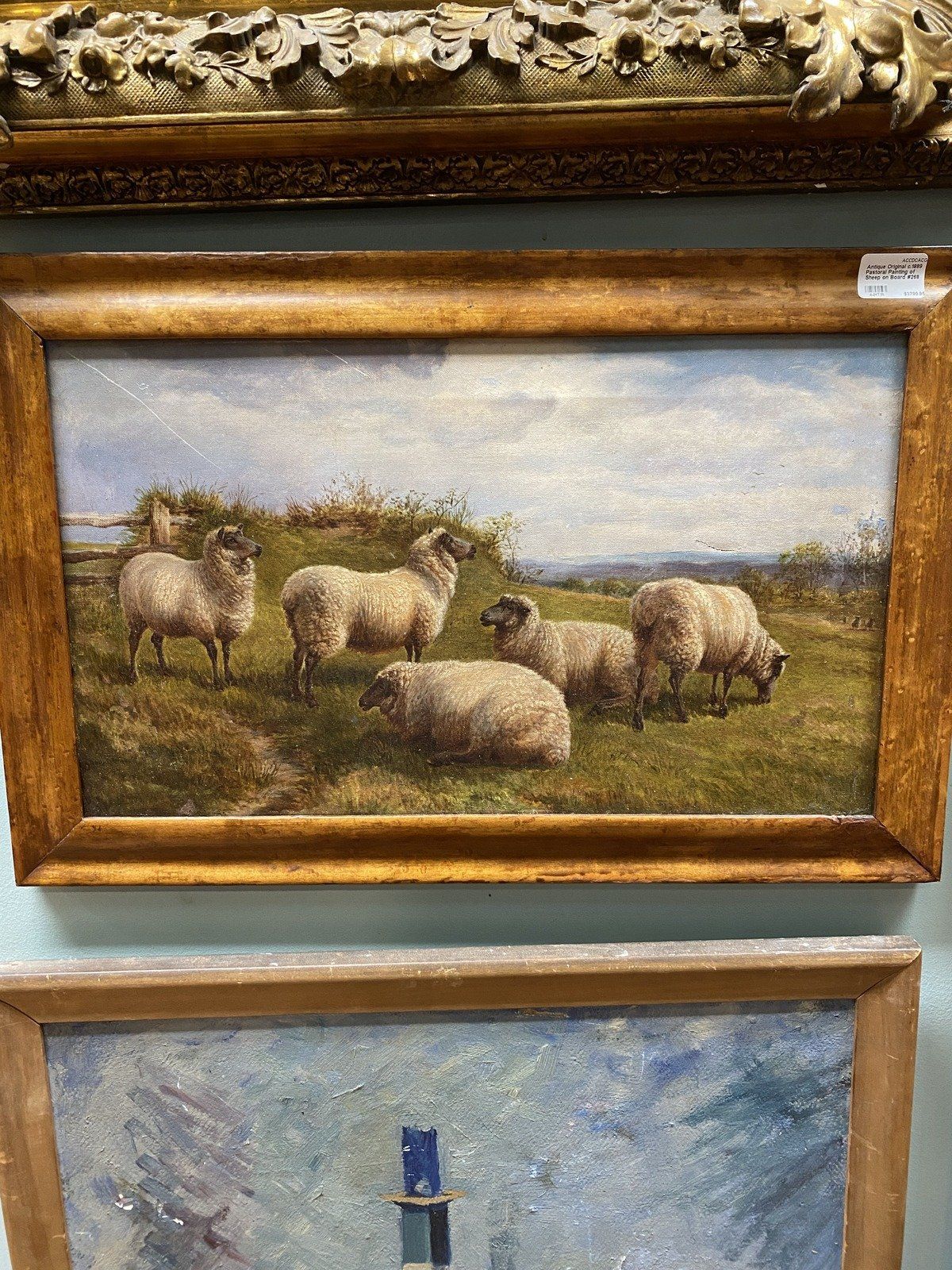 Antique Original c.1889 Pastoral Painting of Sheep on Board #268