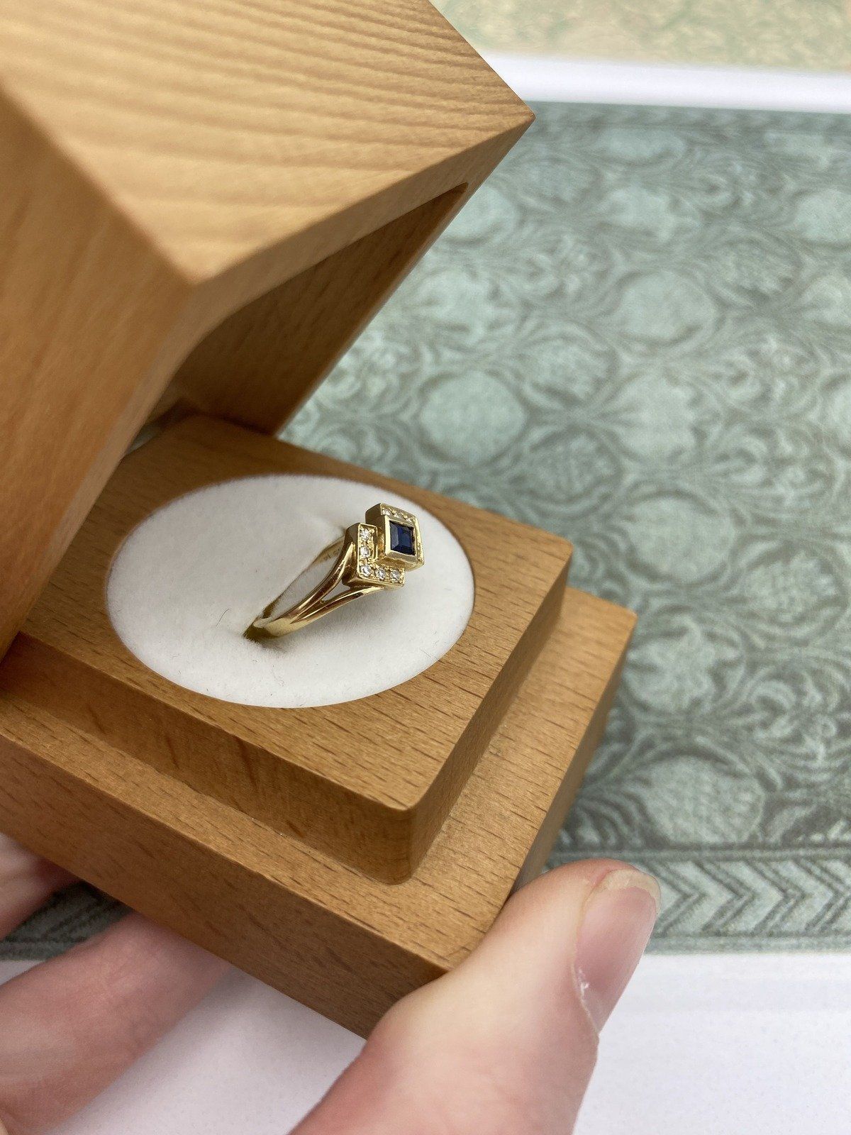 14k Gold Bezel Set Square Cut Sapphire + Diamond Geometric Ring 4