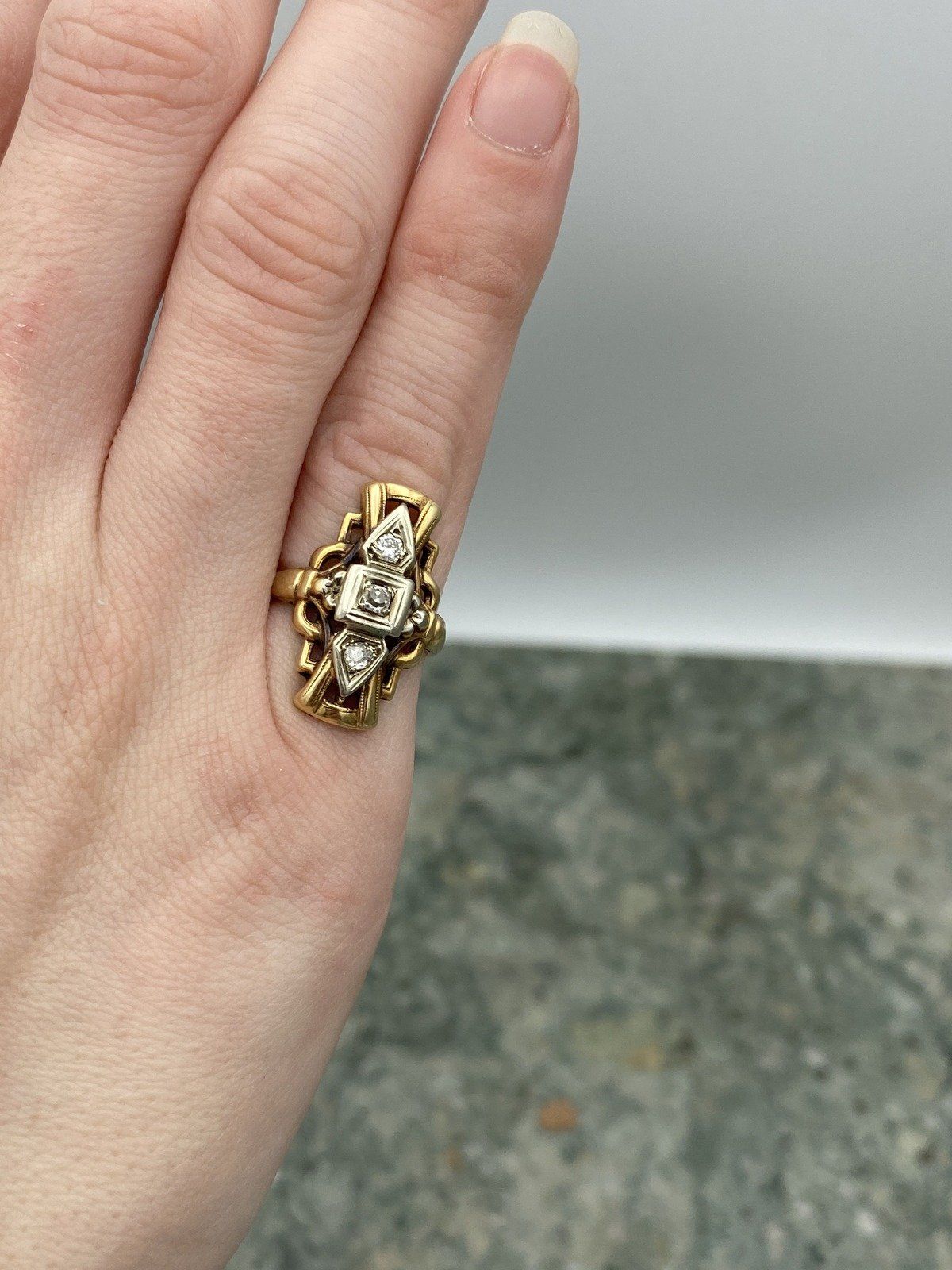 Antique 14k Gold Skeletal Diamond Navette Ring w White Gold Setting #2768 7