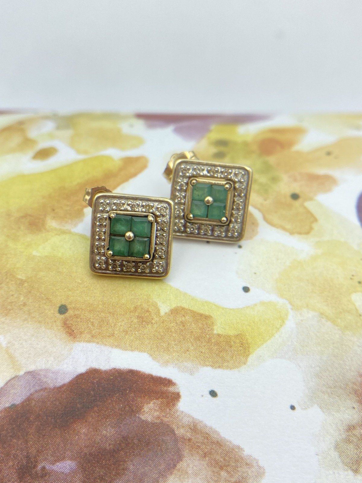 Squared 14k Gold Diamond Framed Princess Cut Emerald Stud Stud Earrings #2934 8