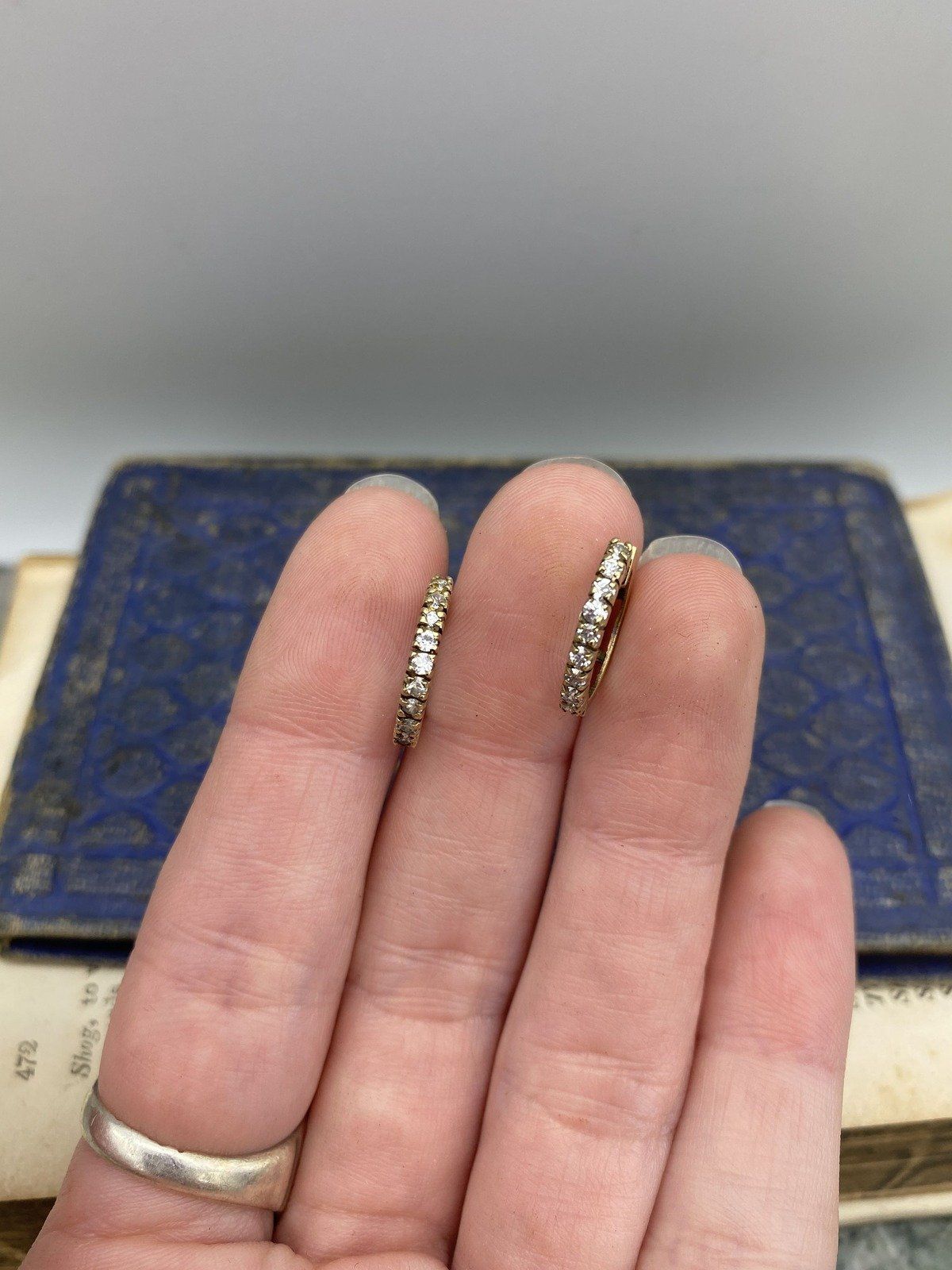 Antique German 9k Gold White Topaz Pave Sleeper Hoop Earrings 4