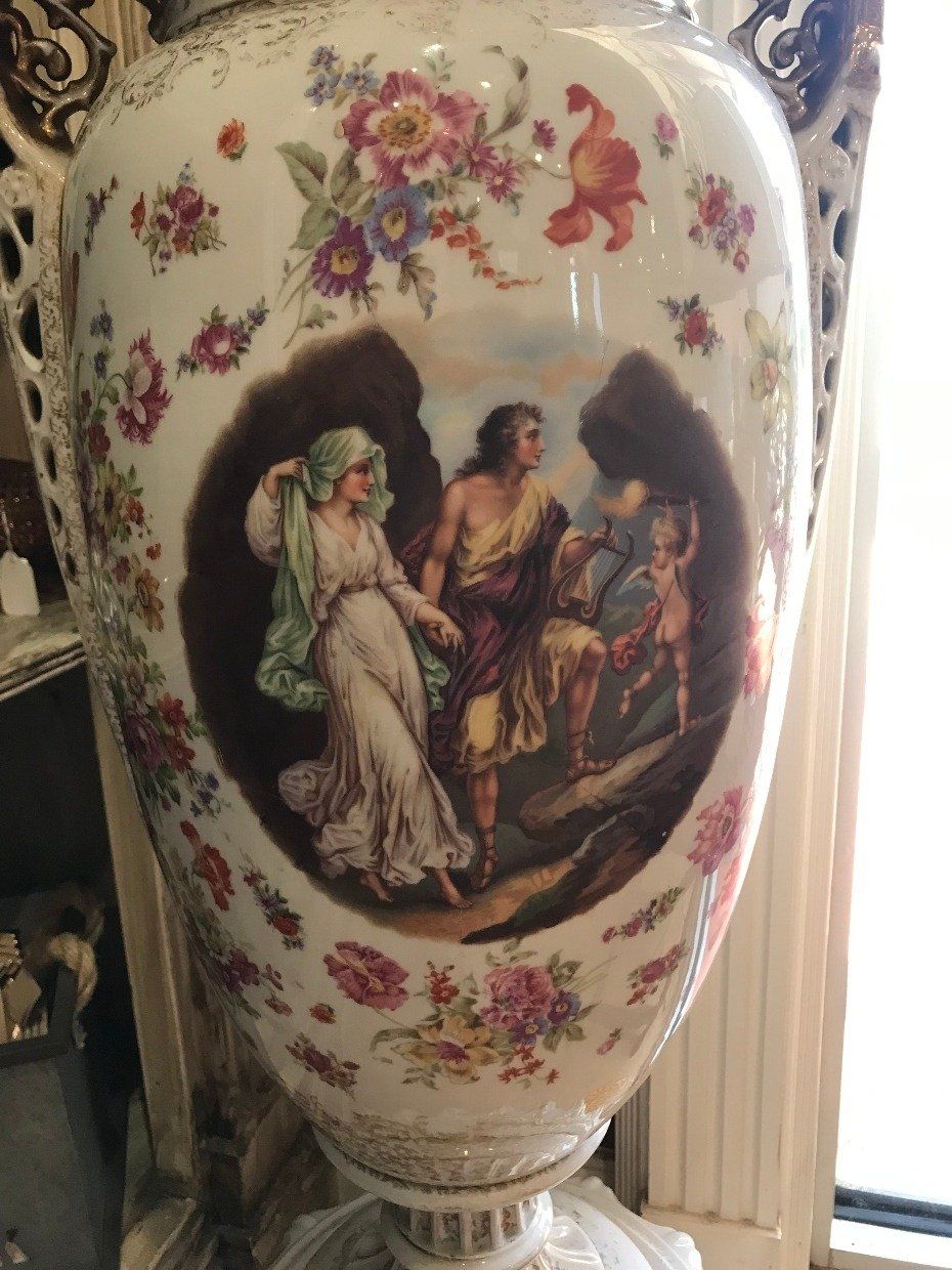 Hand Painted Antique Meissen Style Porcelain Floor Urn w Floral + Pastoral Court Scene 2