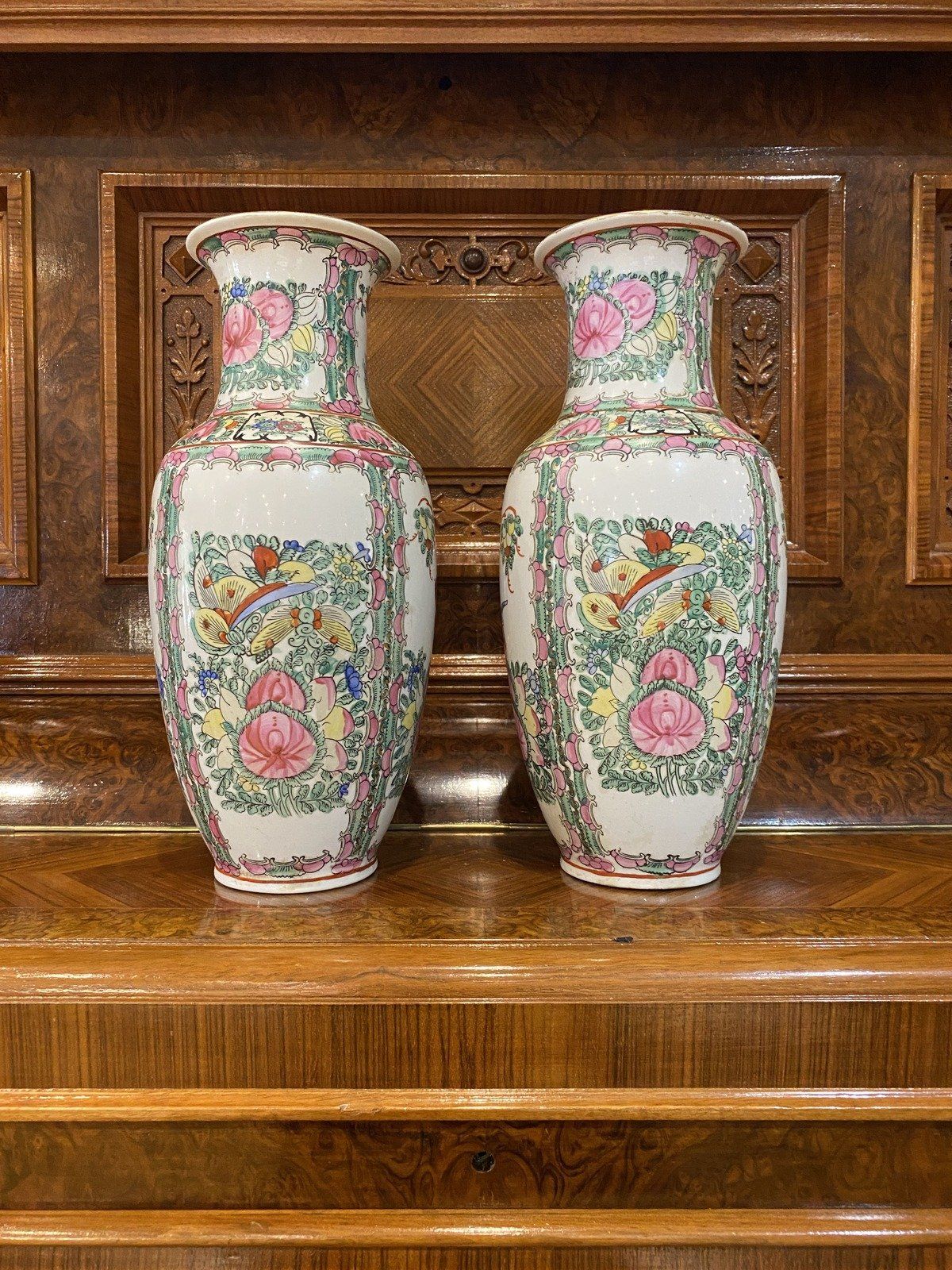 Pair of Vintage Rose Famille Oriental Vases 13h 4