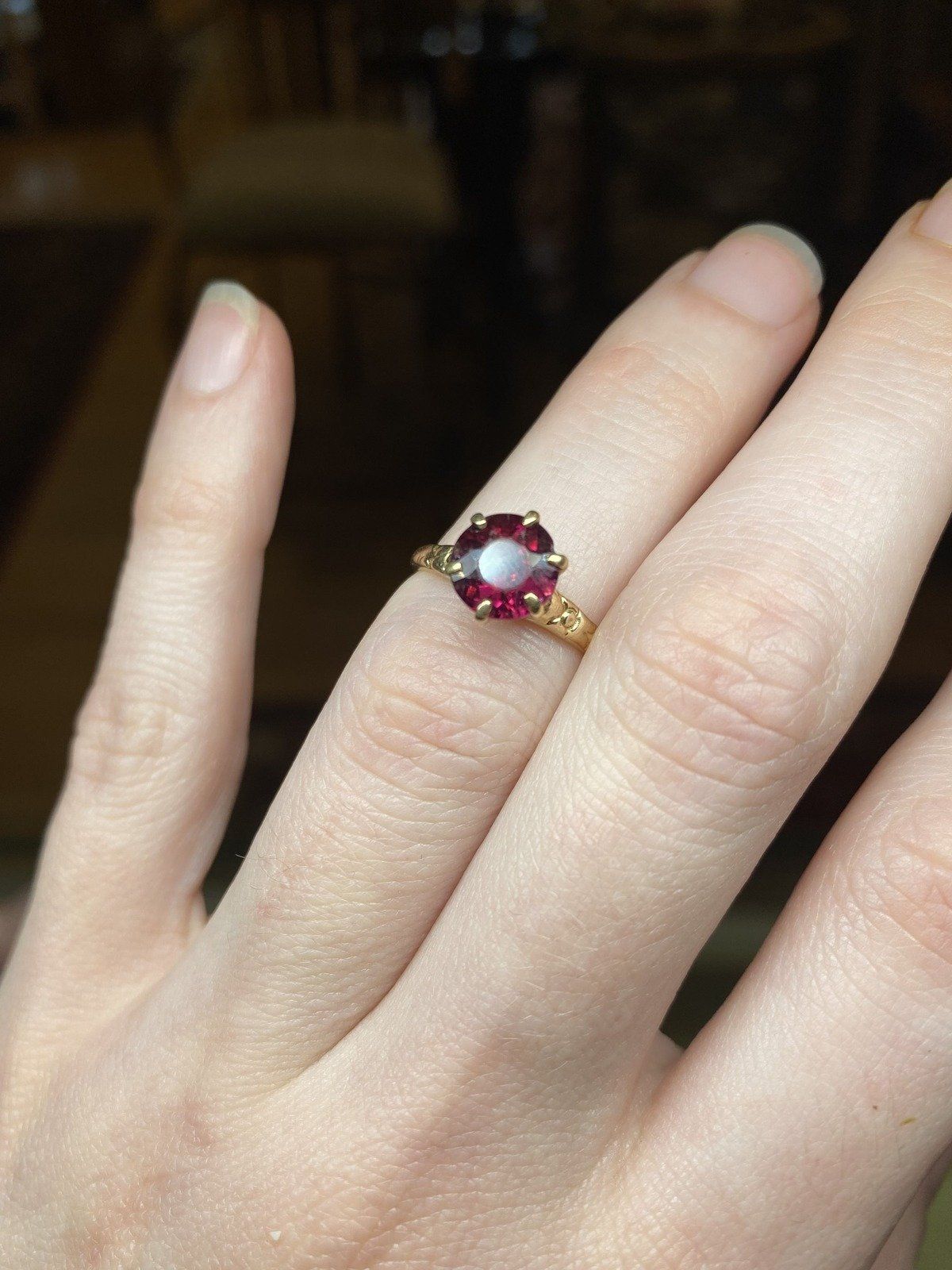 14k Gold Antique Late c.1800s Victorian Rubellite Tourmaline Solitaire Ring w Faint Orange Blossom Shoulders 10