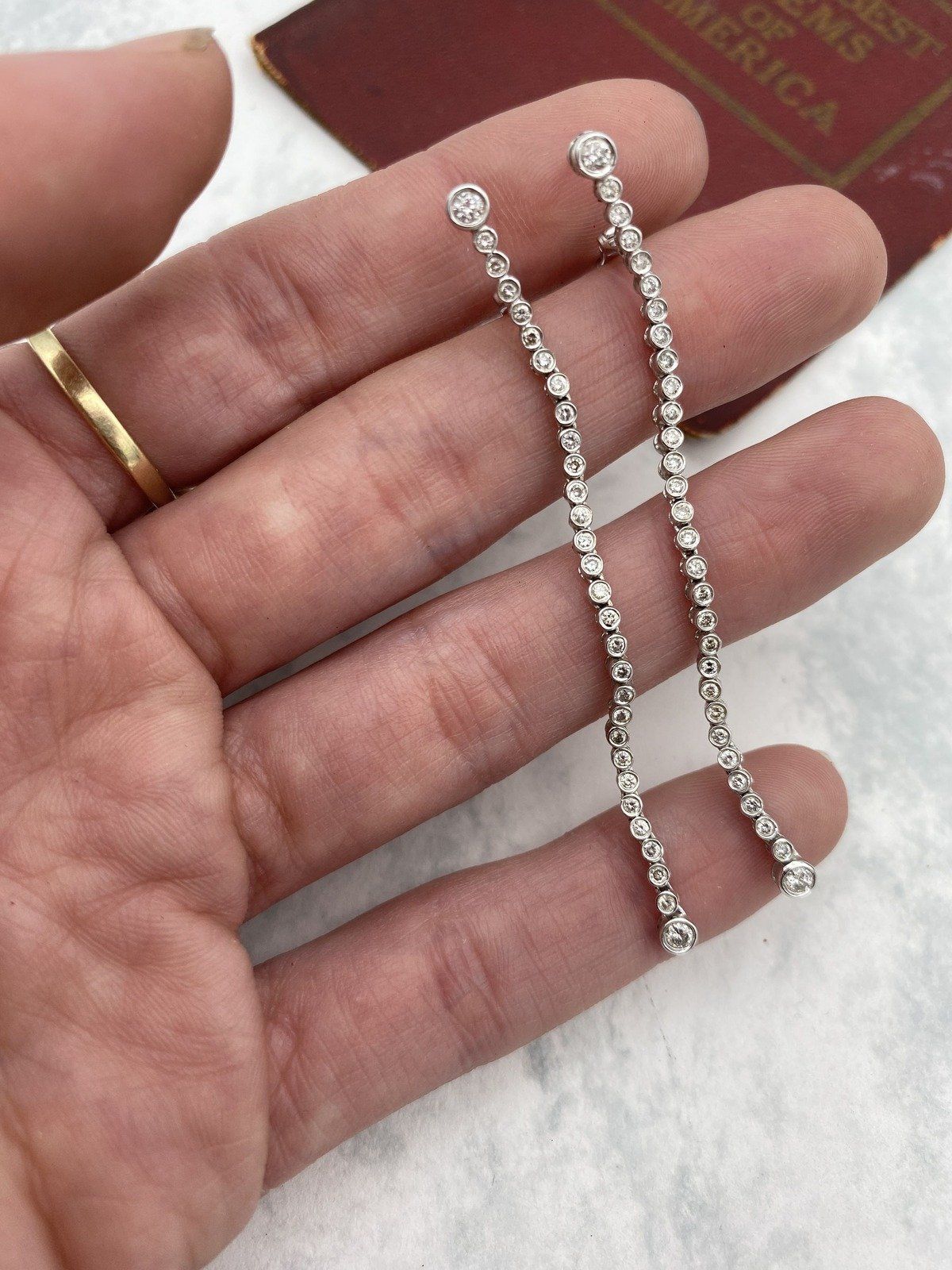 Modernist 18k White Gold Bezel Set Diamond Articulated Linear Drop Earrings 9