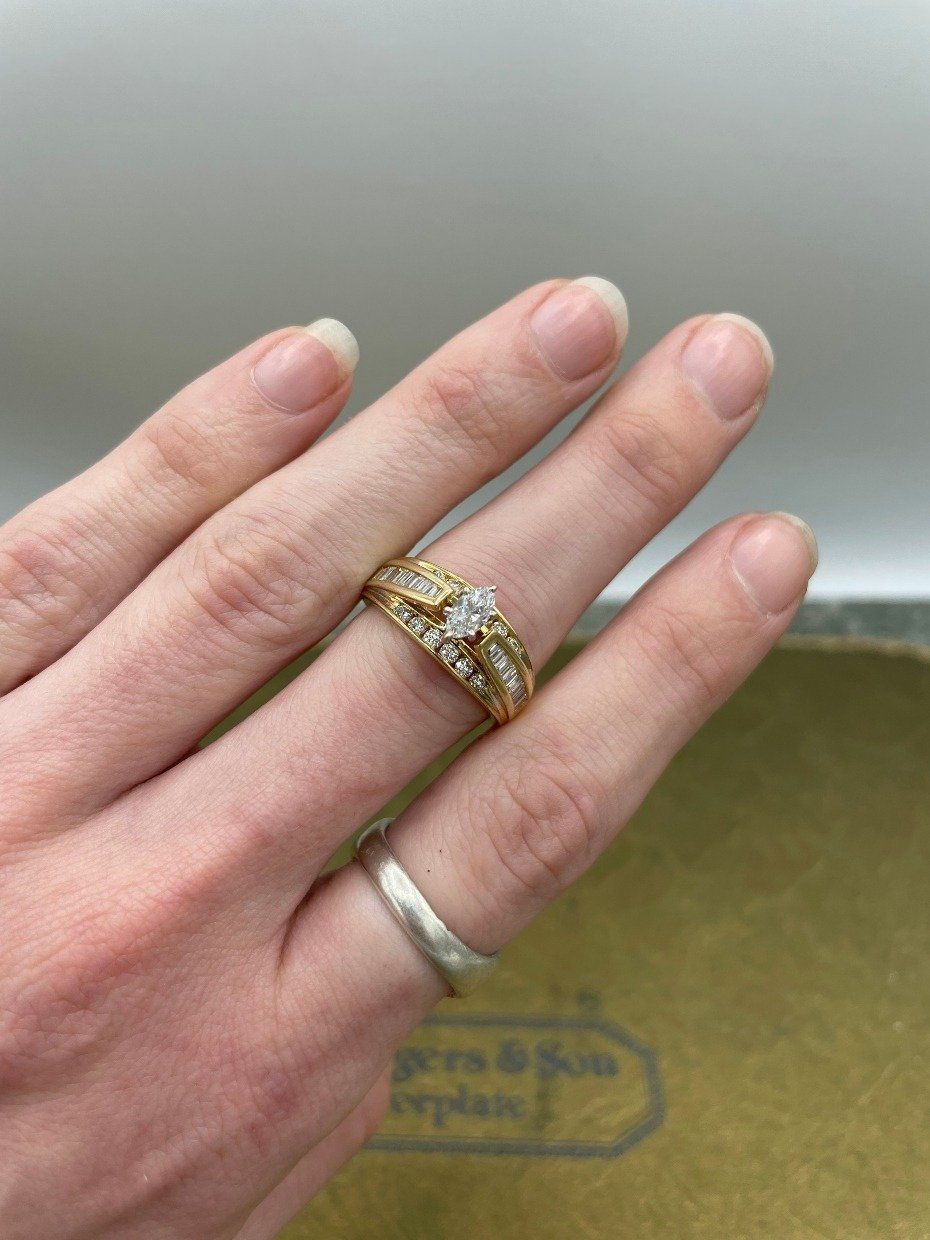 14k Gold .33ct Center Marquise Cut Diamond Engagement Ring w Channel Set Baguette + Round Cut Diamond Band 2