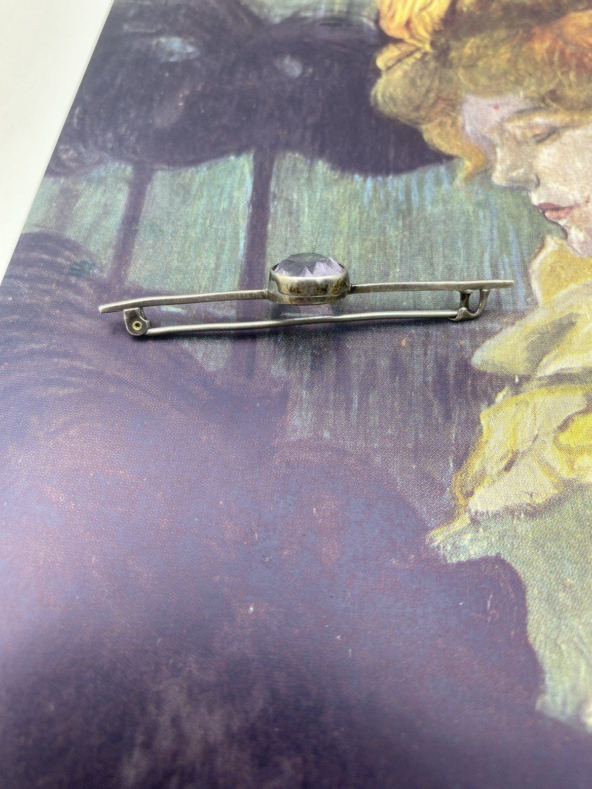 Antique Sterling Silver Bar Pin Brooch w Lavender Vera Cruz Amethyst Oval Center 8
