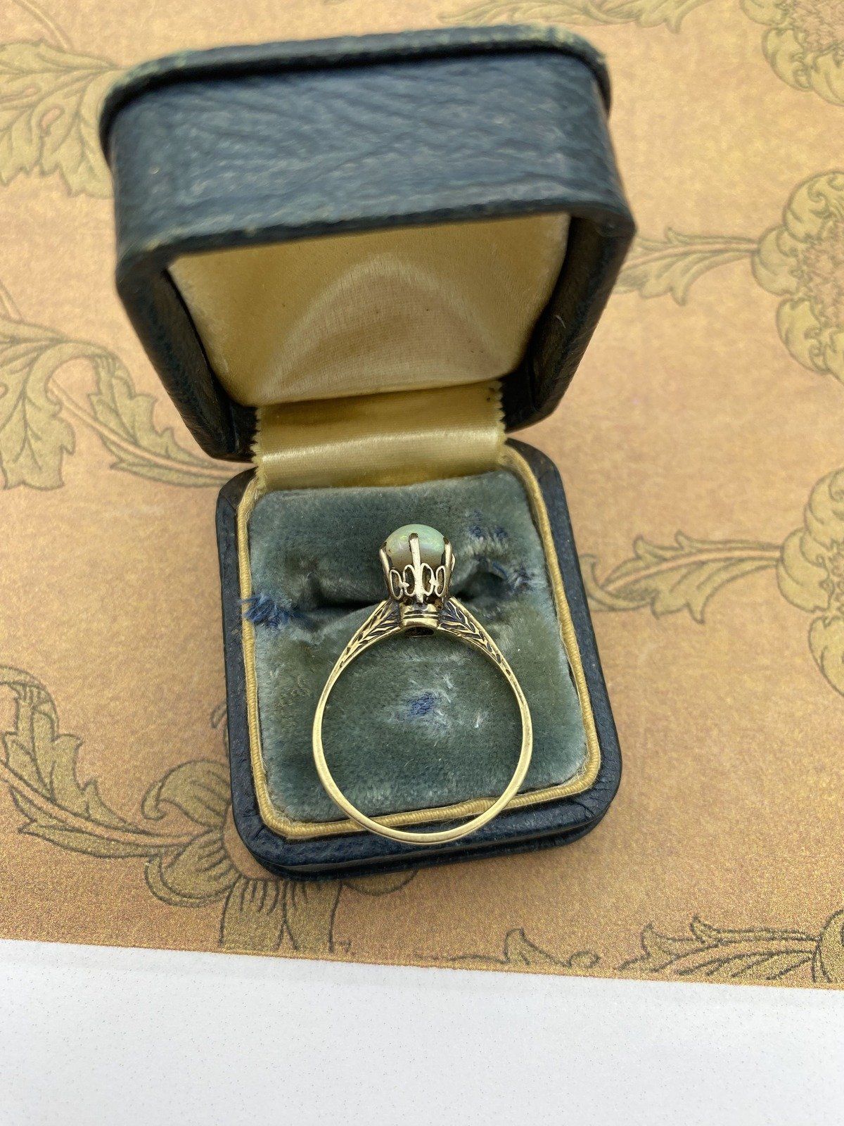 Antique Edwardian 14k Gold Matte Domed Opal Ring w Ornately Etched Setting #2734 11
