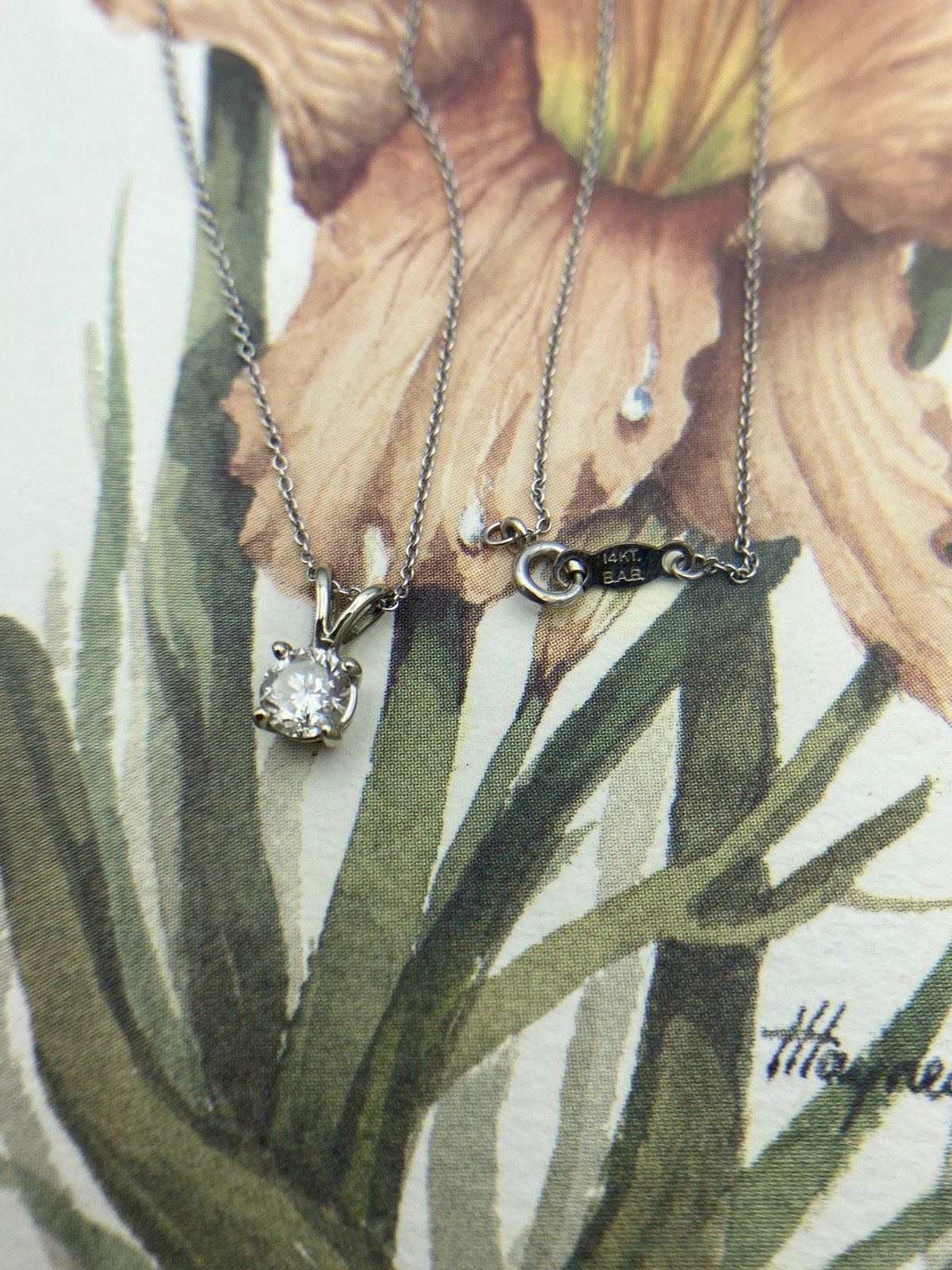 Firey Vintage 14k White Gold Natural .65ct Round Cut Solitaire Diamond Drop Necklace w Sturdy Cable Chain 16L 13