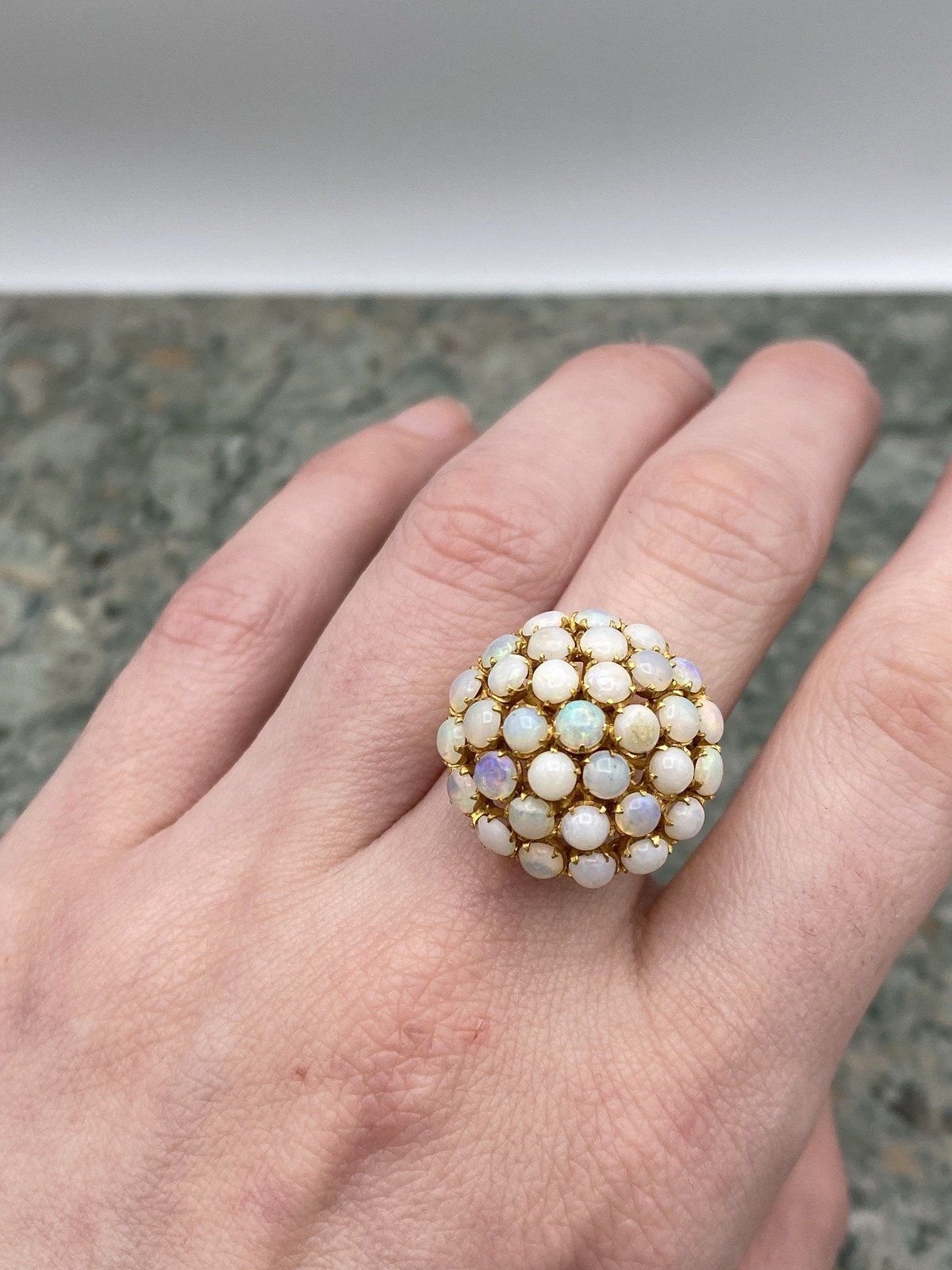 Antique 91.6k/90% Gold Purity Genuine Australian Opal Pave Bombe Ring #2777 9