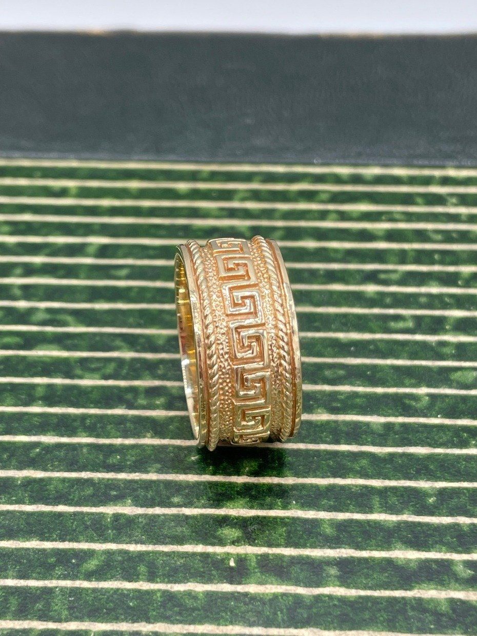 Weighty 10k Gold Versace Inspired Greek Key Wide Ring Band 3
