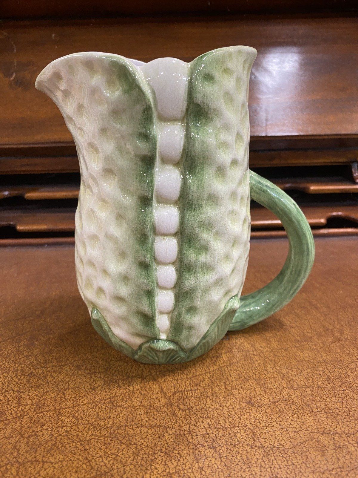 Vintage San Marco Majolica Pea Pod Drink Pitcher 6.75