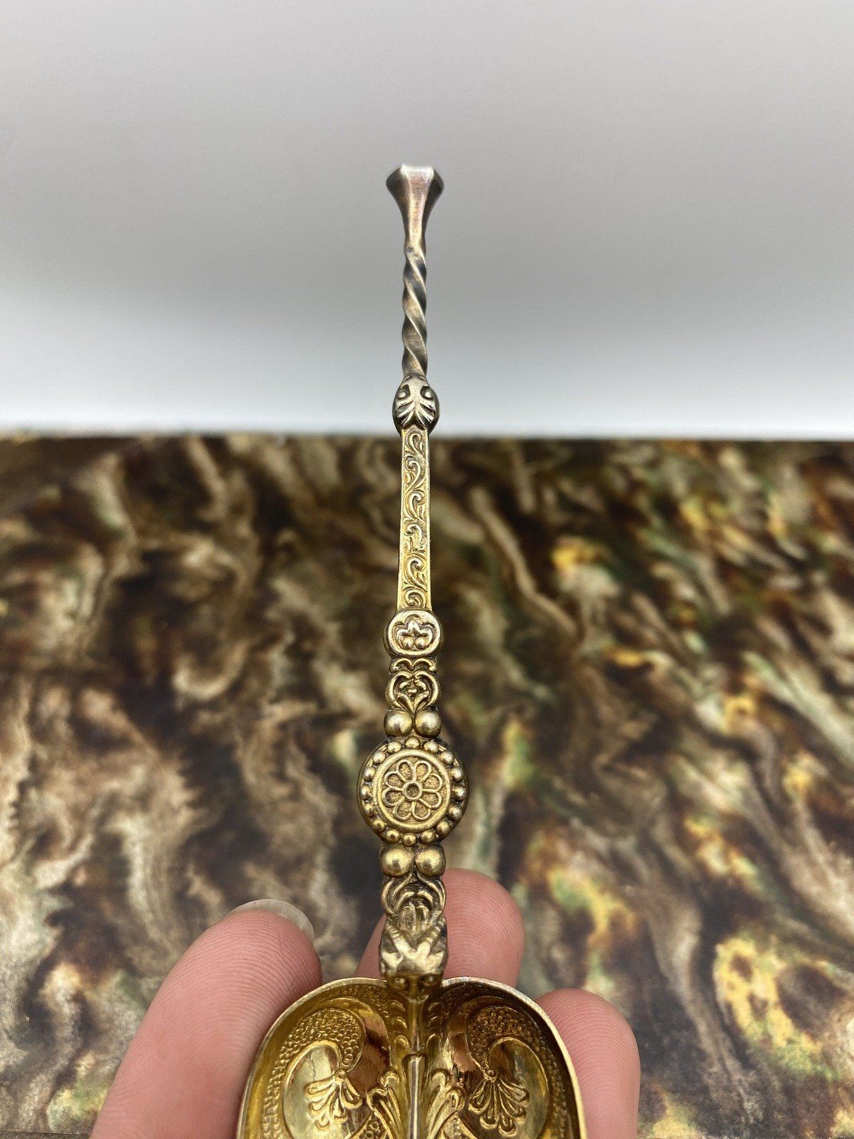 Edwardian c.1910s English Ornate Gilt Sterling Silver Anointing Spoon 5